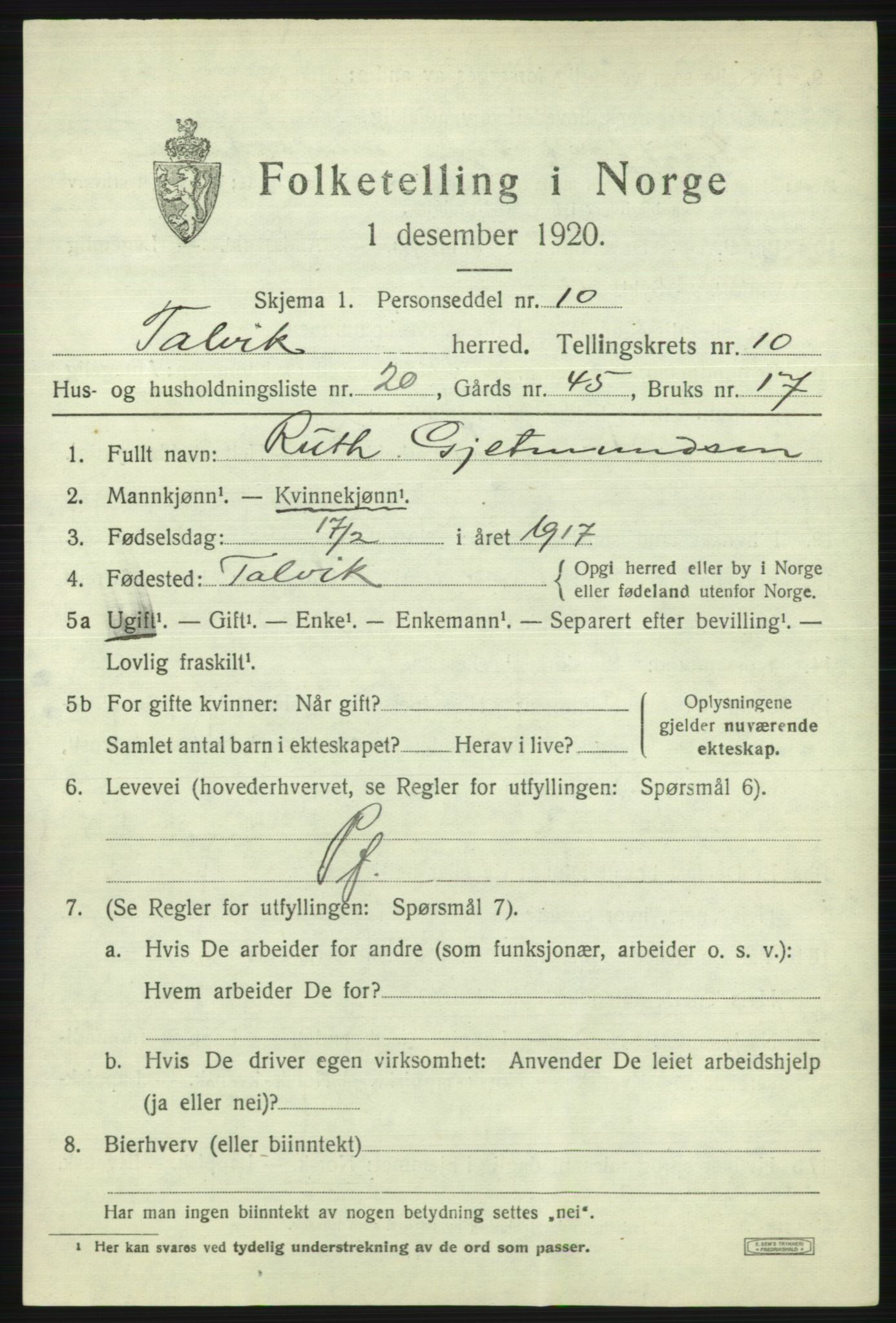 SATØ, Folketelling 1920 for 2013 Talvik herred, 1920, s. 6100
