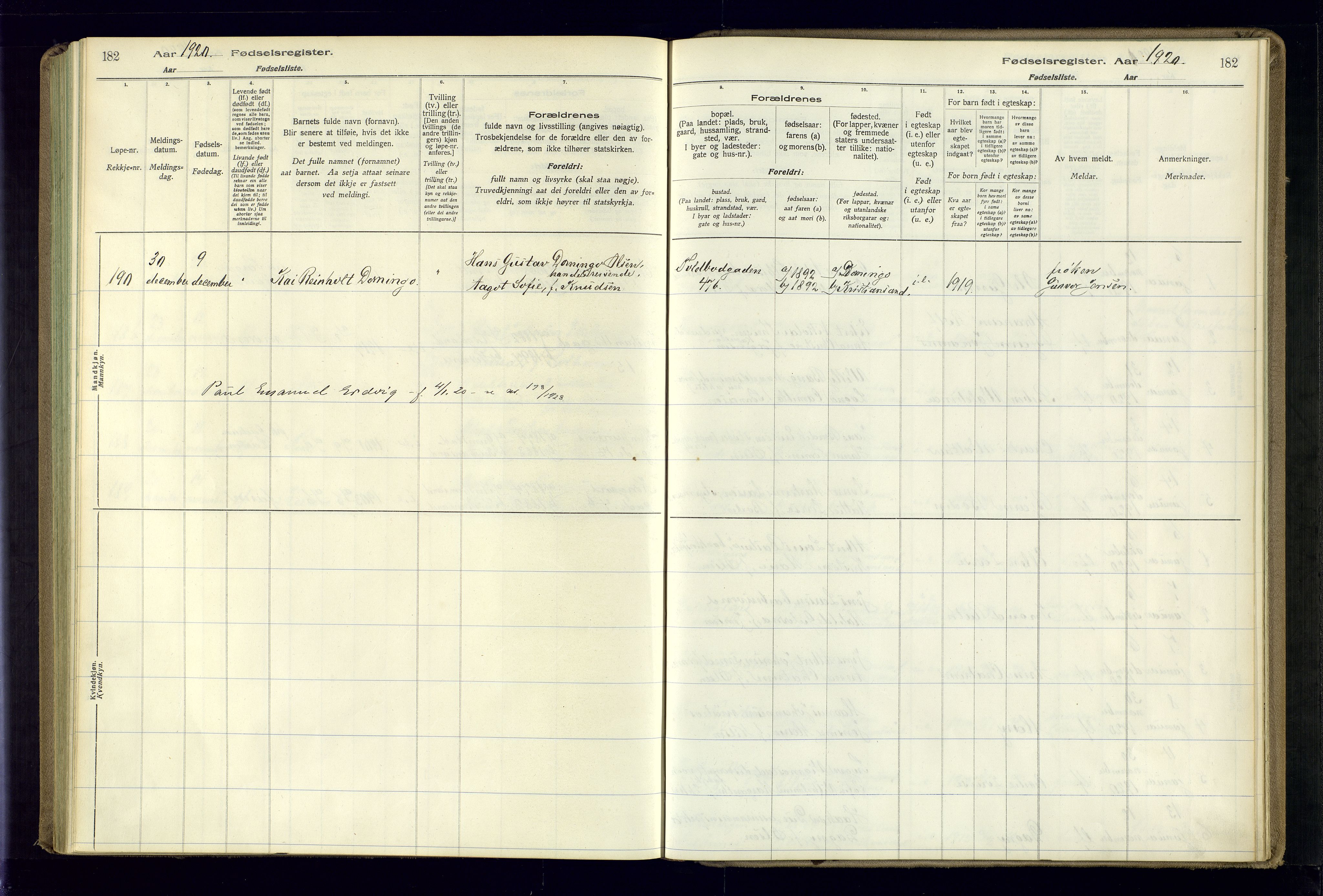 Kristiansand domprosti, SAK/1112-0006/J/Jc/L0001: Fødselsregister nr. A-VI-45, 1916-1921, s. 182