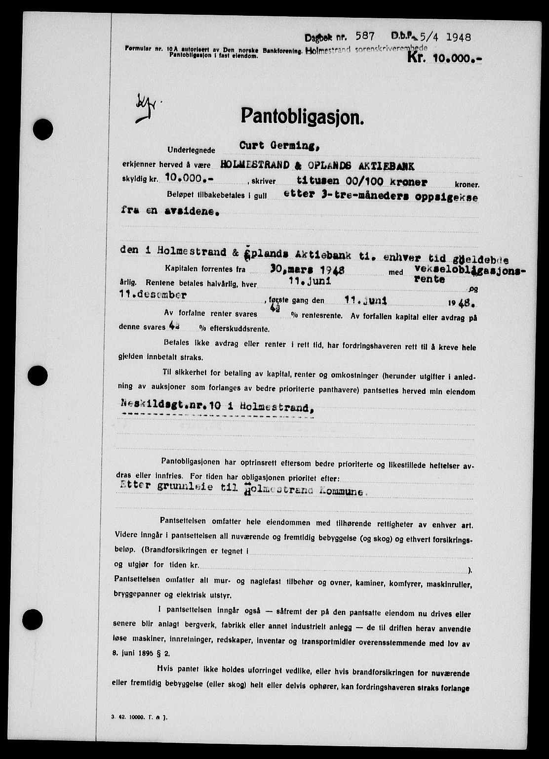 Holmestrand sorenskriveri, SAKO/A-67/G/Ga/Gab/L0058: Pantebok nr. B-58, 1947-1948, Dagboknr: 587/1948