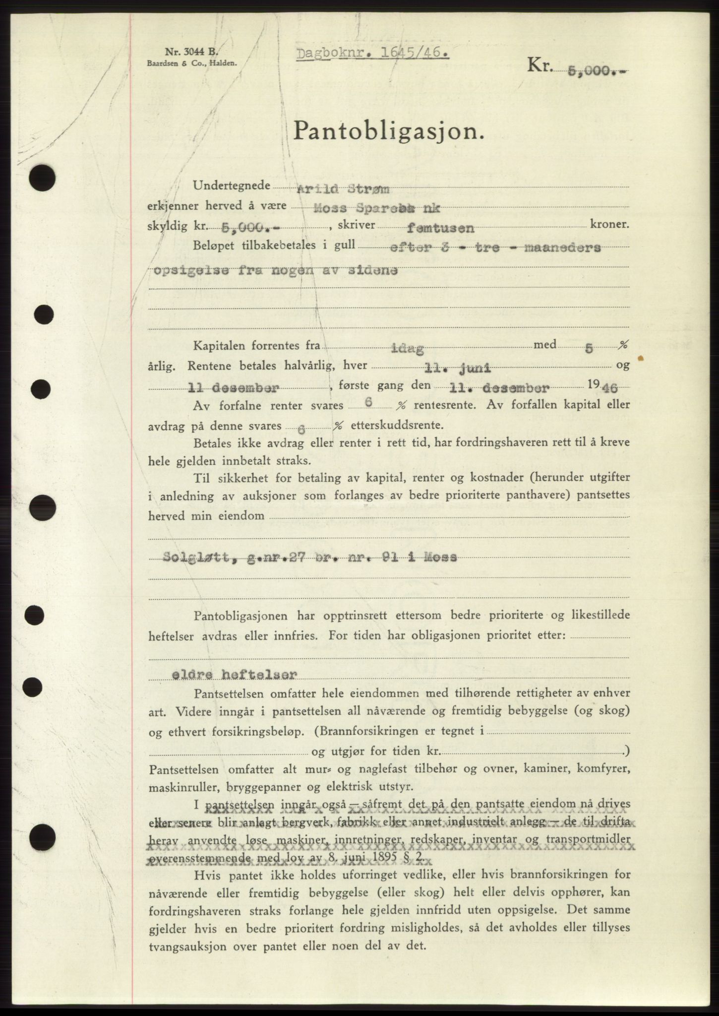 Moss sorenskriveri, SAO/A-10168: Pantebok nr. B15, 1946-1946, Dagboknr: 1645/1946