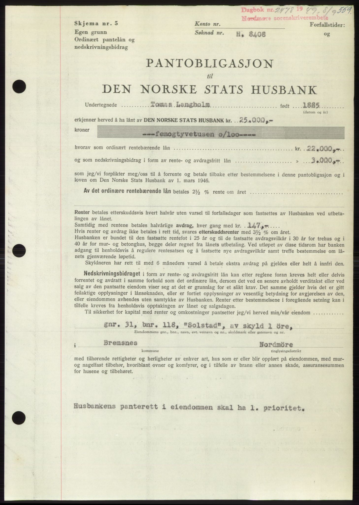 Nordmøre sorenskriveri, SAT/A-4132/1/2/2Ca: Pantebok nr. B102, 1949-1949, Dagboknr: 2478/1949