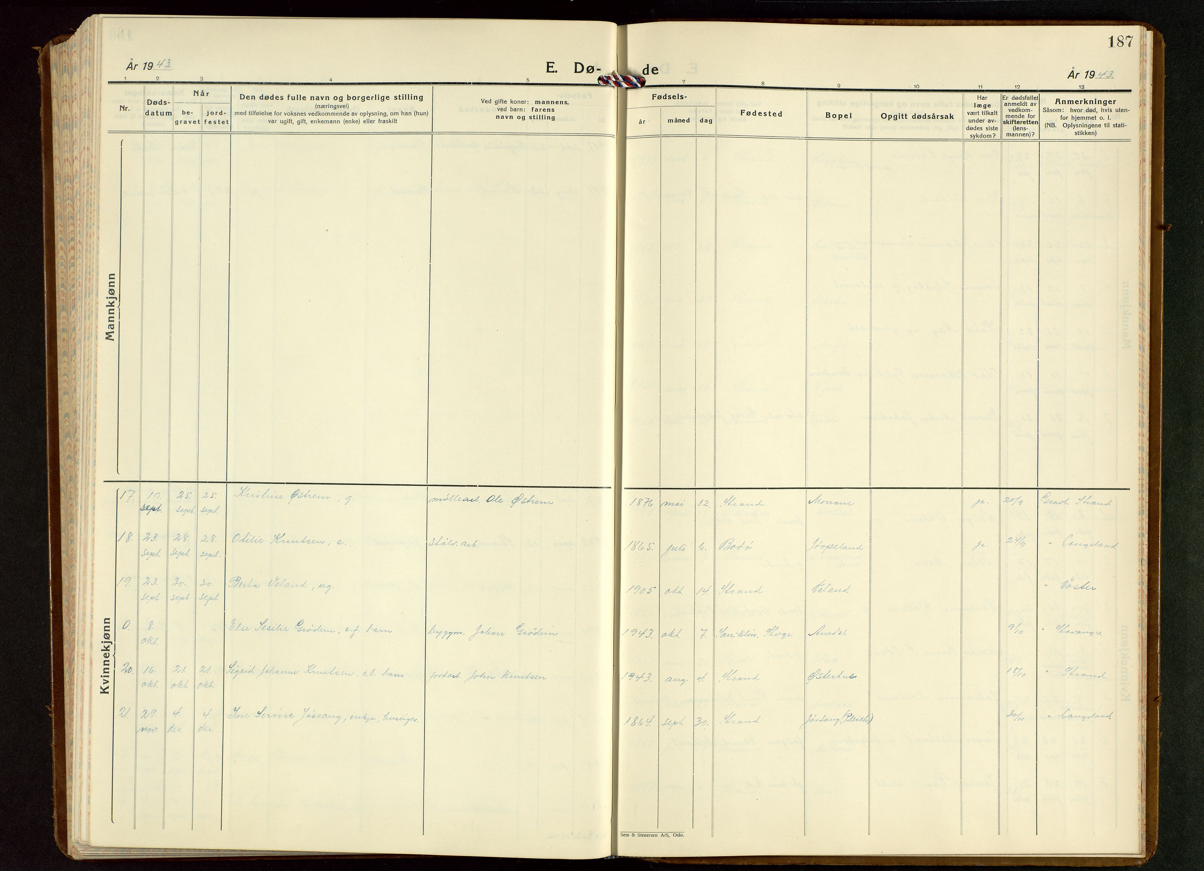 Strand sokneprestkontor, AV/SAST-A-101828/H/Ha/Hab/L0006: Klokkerbok nr. B 6, 1933-1950, s. 187