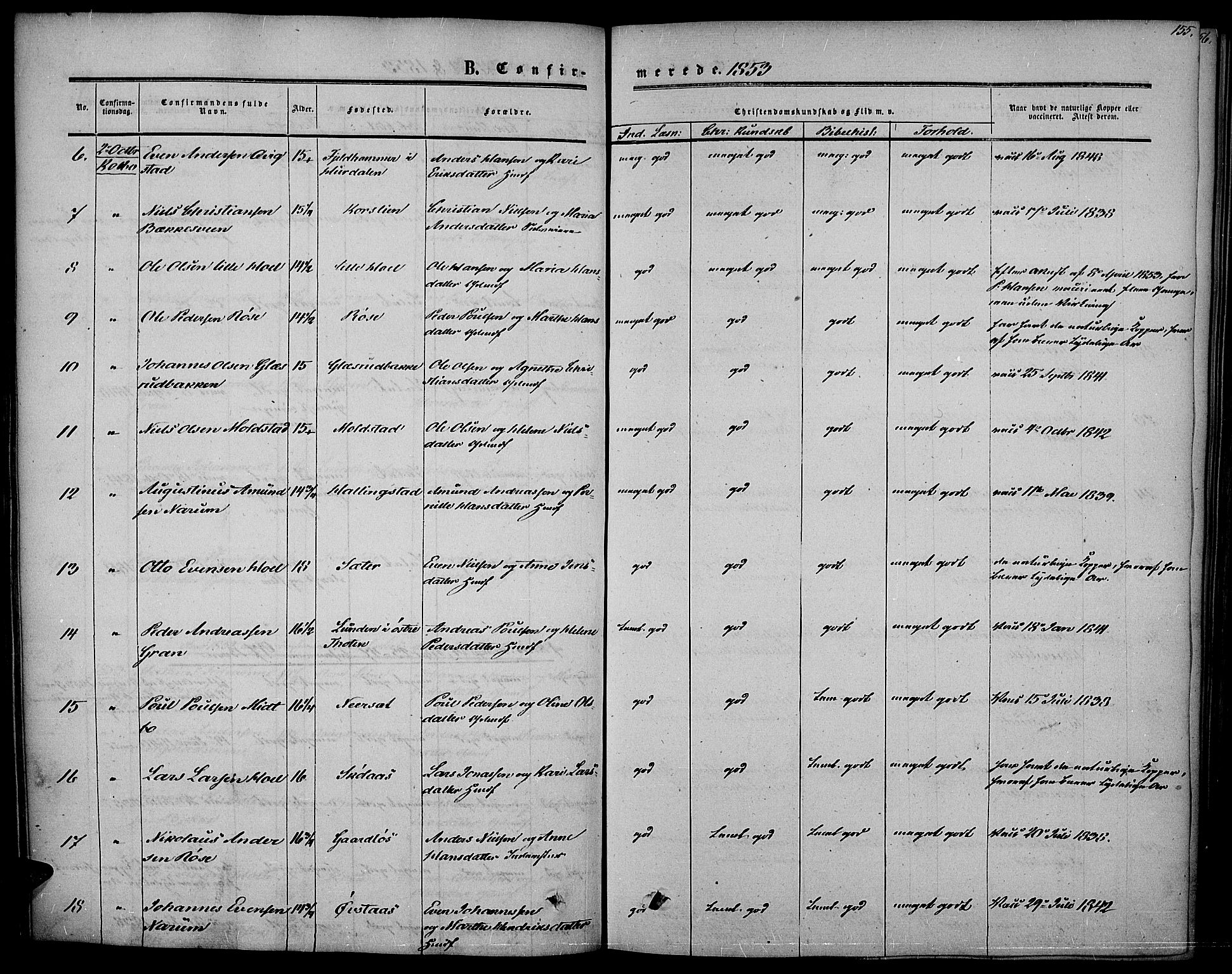 Vestre Toten prestekontor, SAH/PREST-108/H/Ha/Haa/L0005: Ministerialbok nr. 5, 1850-1855, s. 155