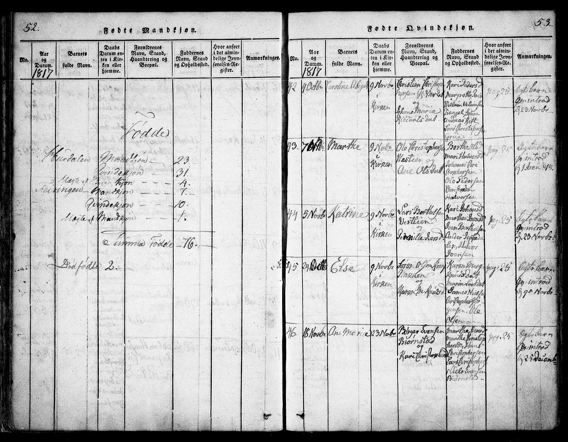 Hurdal prestekontor Kirkebøker, AV/SAO-A-10889/F/Fa/L0003: Ministerialbok nr. I 3, 1815-1828, s. 52-53