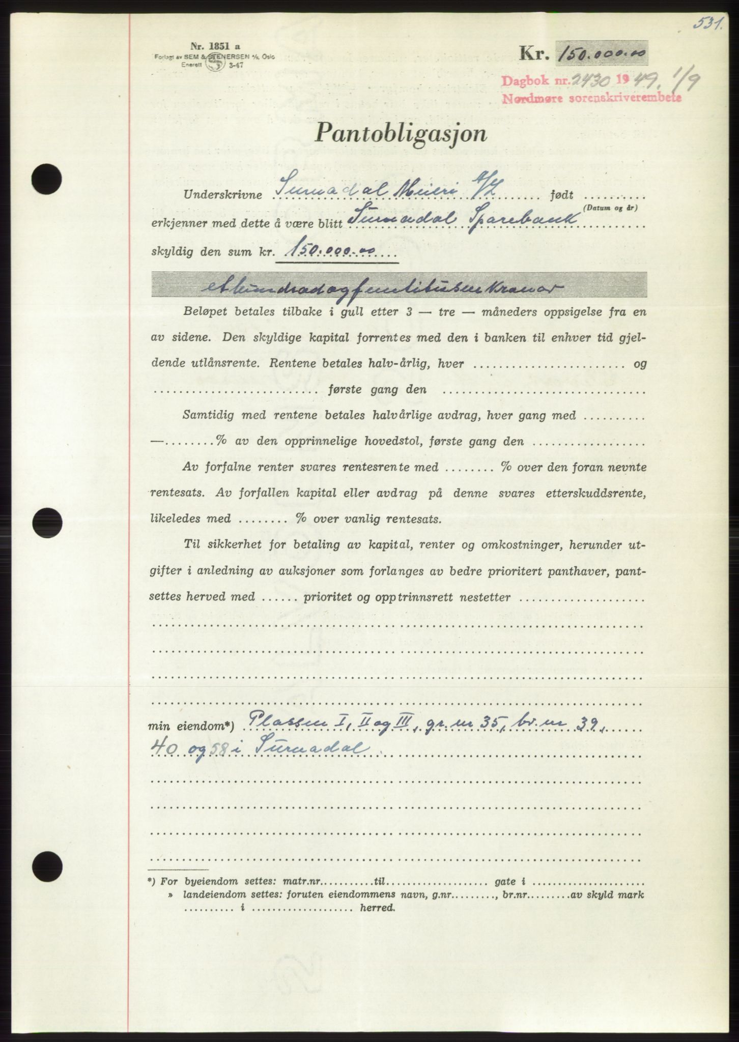 Nordmøre sorenskriveri, AV/SAT-A-4132/1/2/2Ca: Pantebok nr. B102, 1949-1949, Dagboknr: 2430/1949