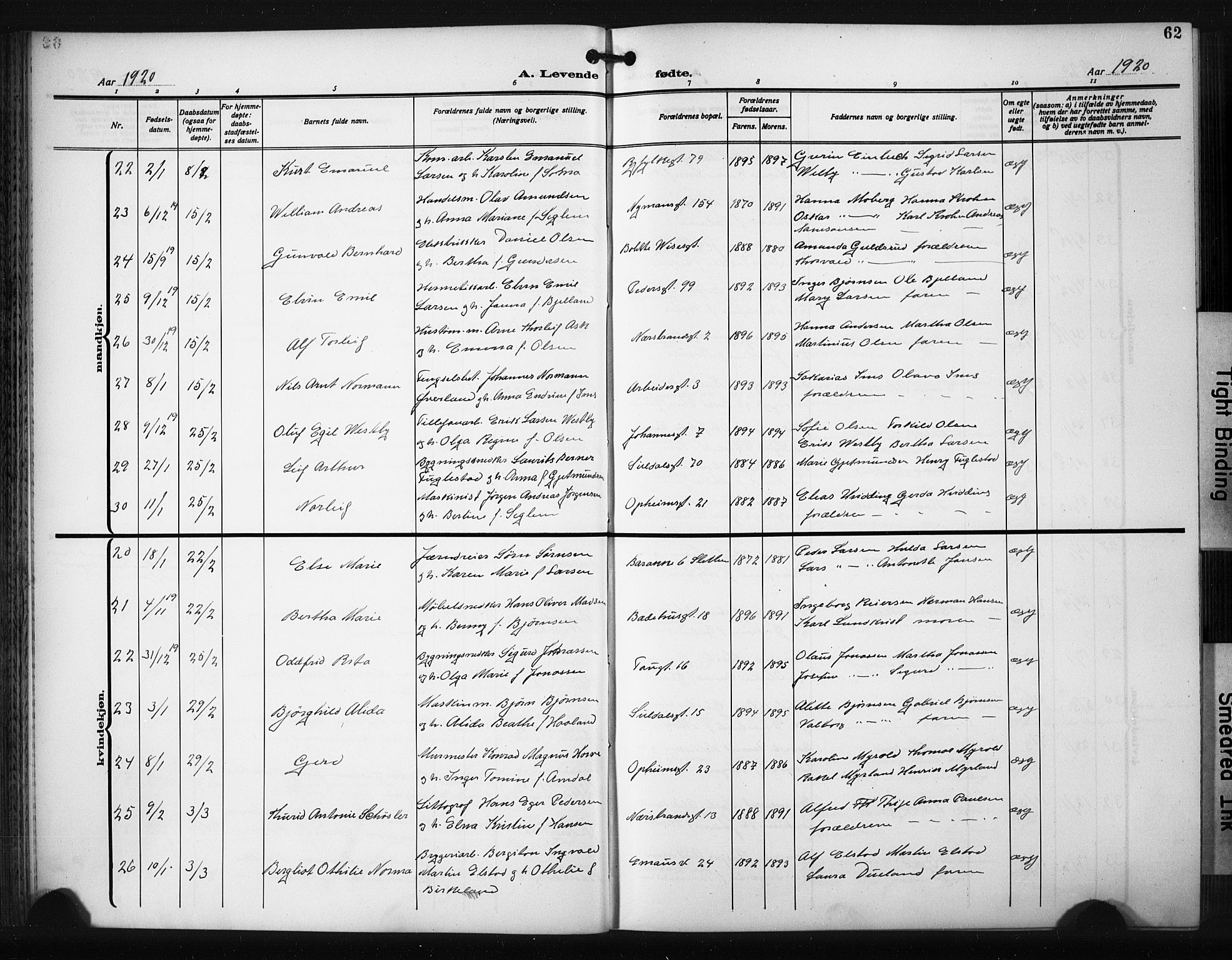 St. Johannes sokneprestkontor, AV/SAST-A-101814/001/30/30BB/L0008: Klokkerbok nr. B 8, 1918-1929, s. 62