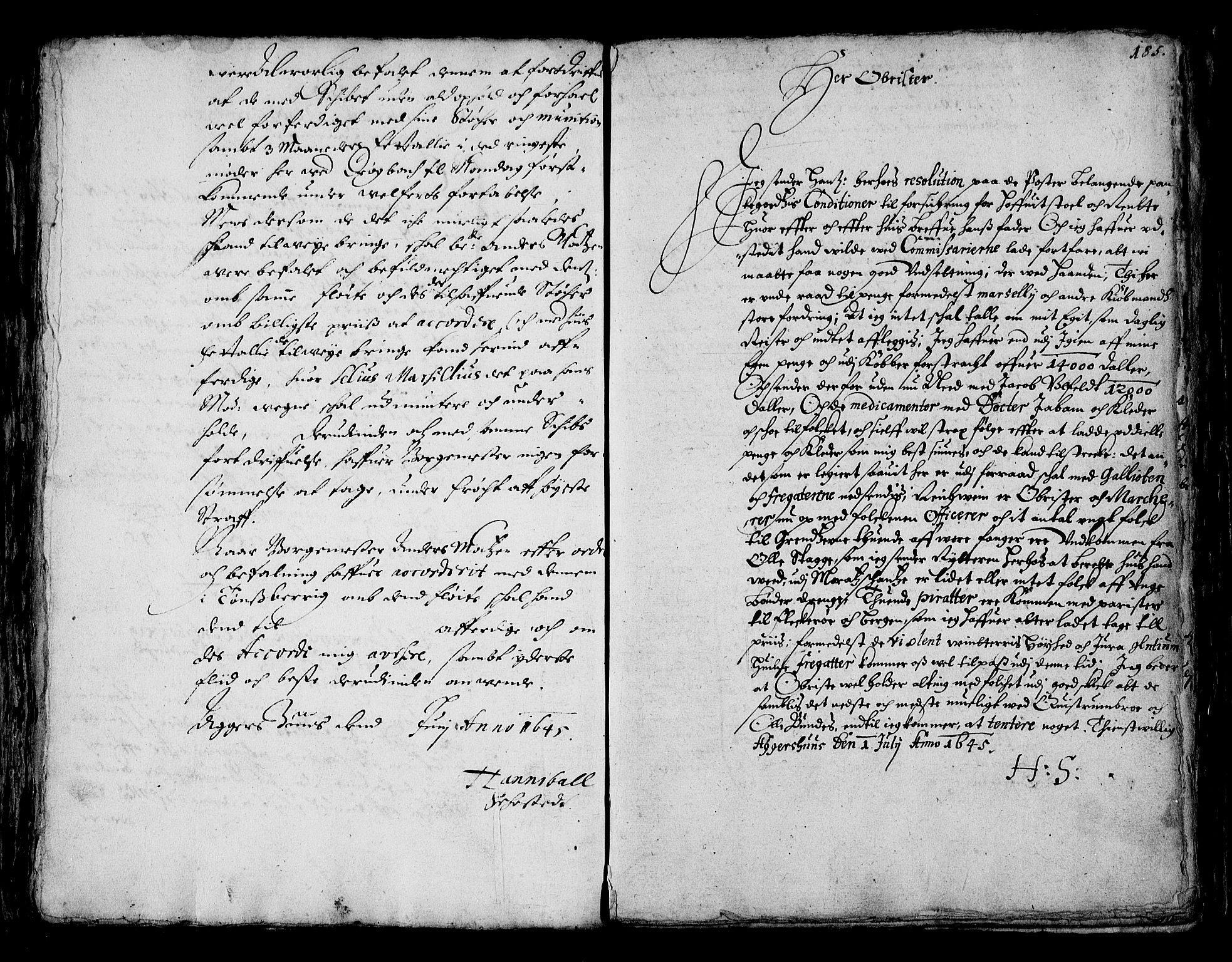 Stattholderembetet 1572-1771, RA/EA-2870/Ba/L0001: Hannibal Sehested kopibok, 1645, s. 184b-185a