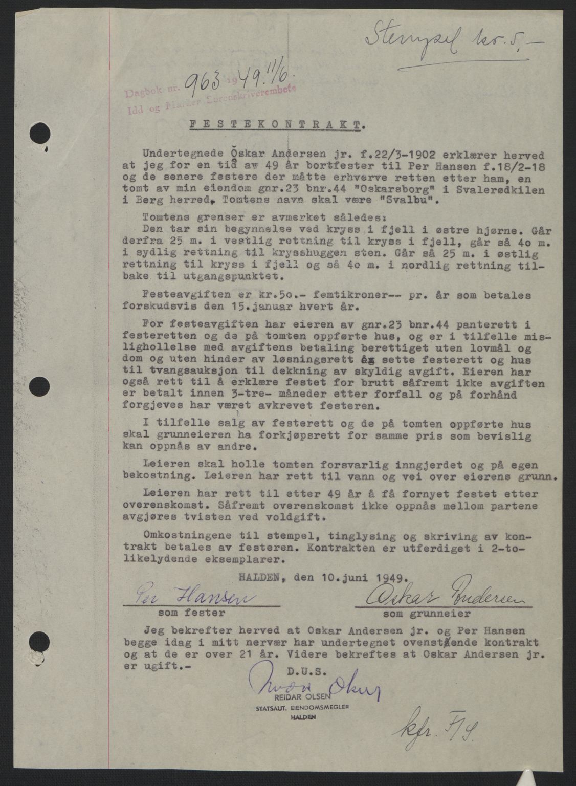 Idd og Marker sorenskriveri, AV/SAO-A-10283/G/Gb/Gbb/L0012: Pantebok nr. A12, 1949-1949, Dagboknr: 963/1949