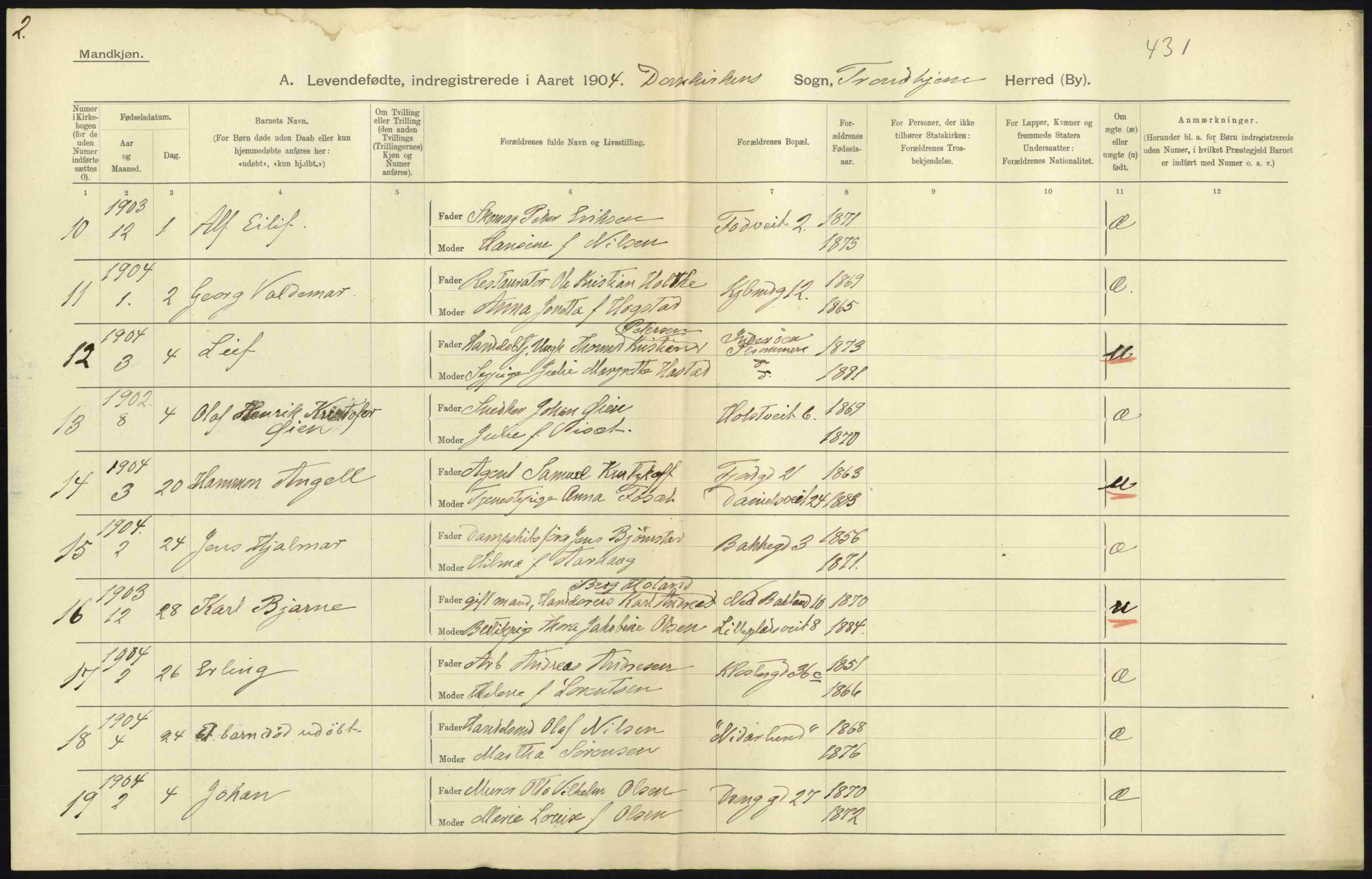 Statistisk sentralbyrå, Sosiodemografiske emner, Befolkning, AV/RA-S-2228/D/Df/Dfa/Dfab/L0018: Trondhjem: Fødte, gifte, døde., 1904, s. 183