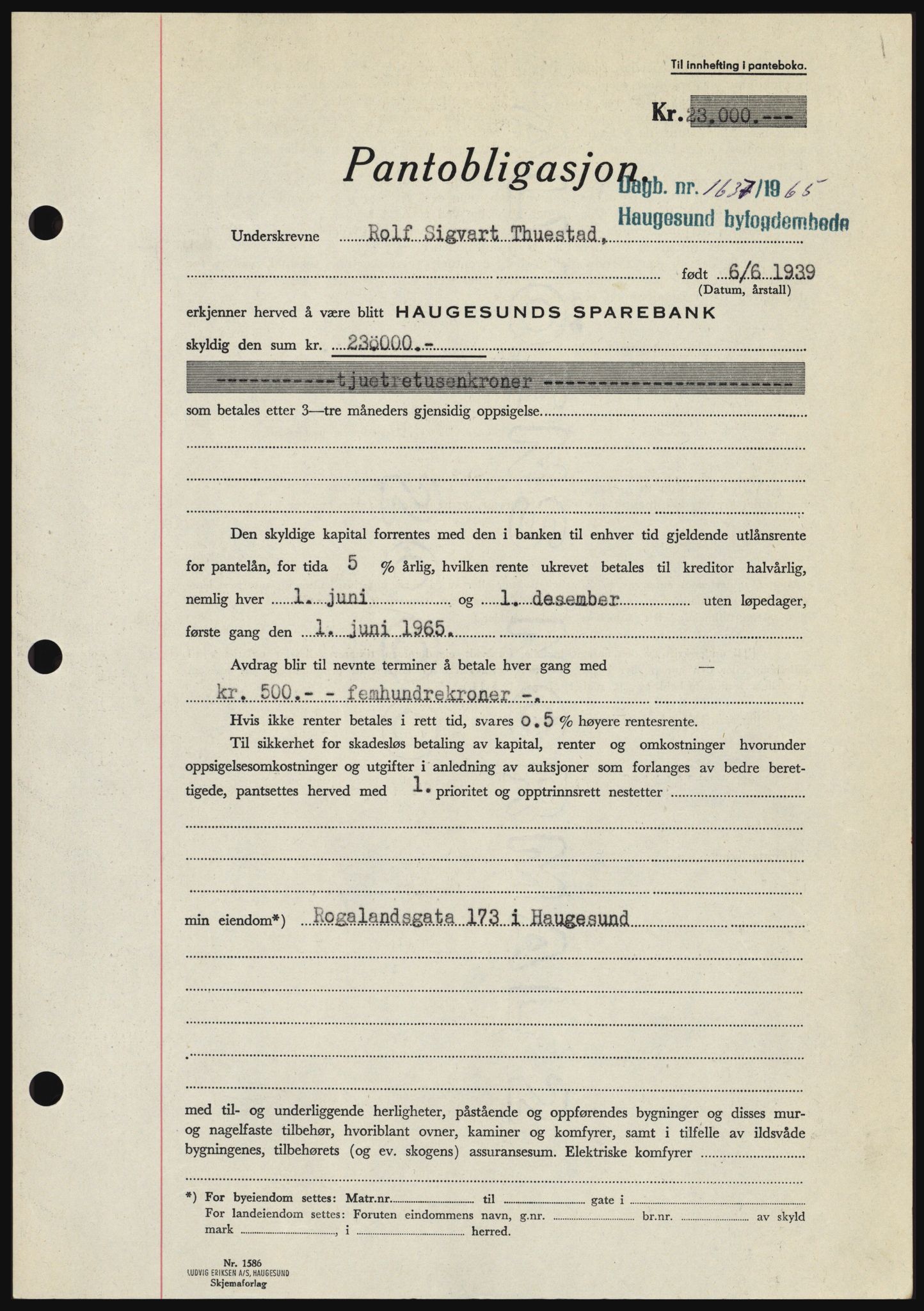 Haugesund tingrett, SAST/A-101415/01/II/IIC/L0053: Pantebok nr. B 53, 1965-1965, Dagboknr: 1637/1965