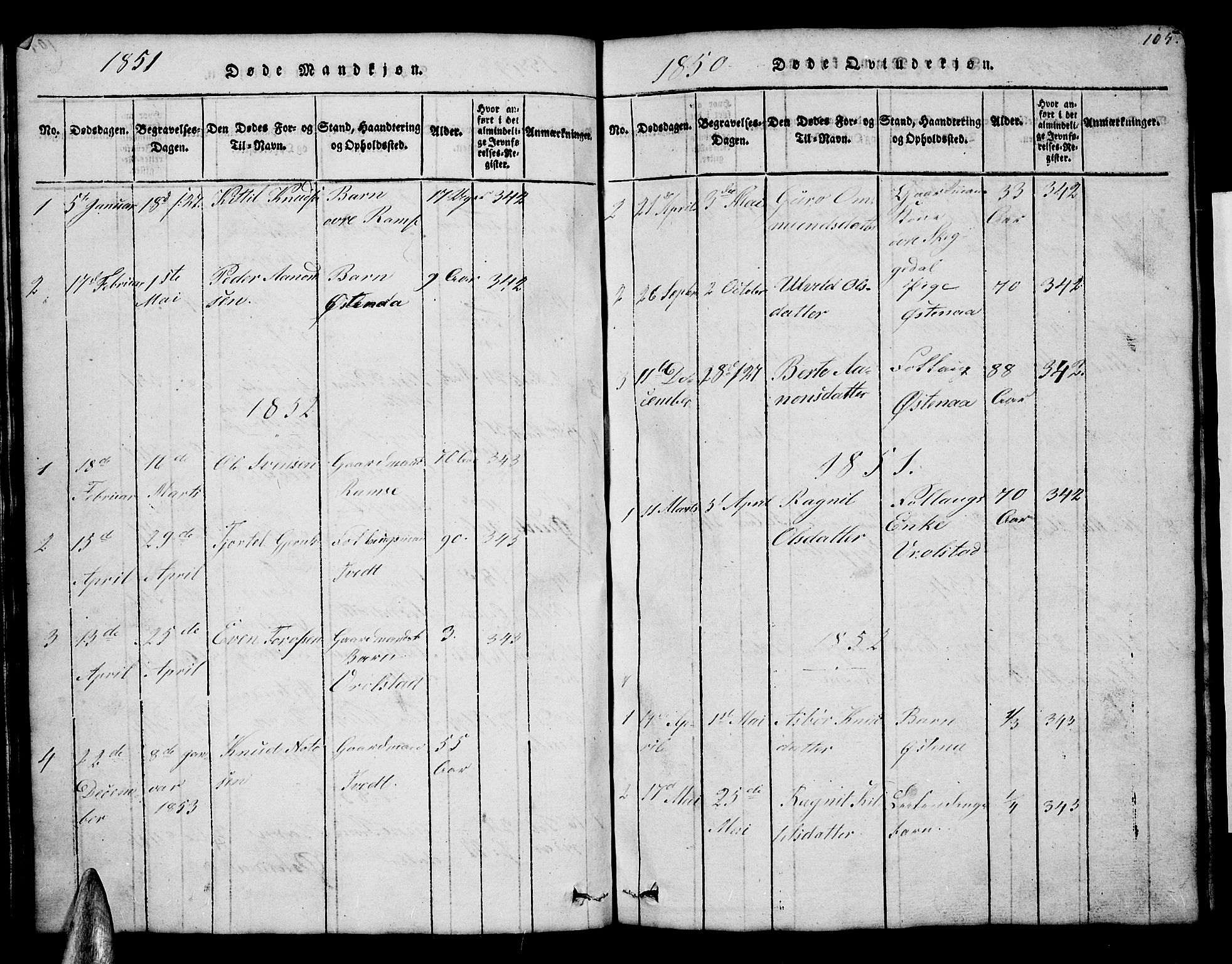 Åmli sokneprestkontor, SAK/1111-0050/F/Fb/Fbb/L0001: Klokkerbok nr. B 1, 1816-1889, s. 105