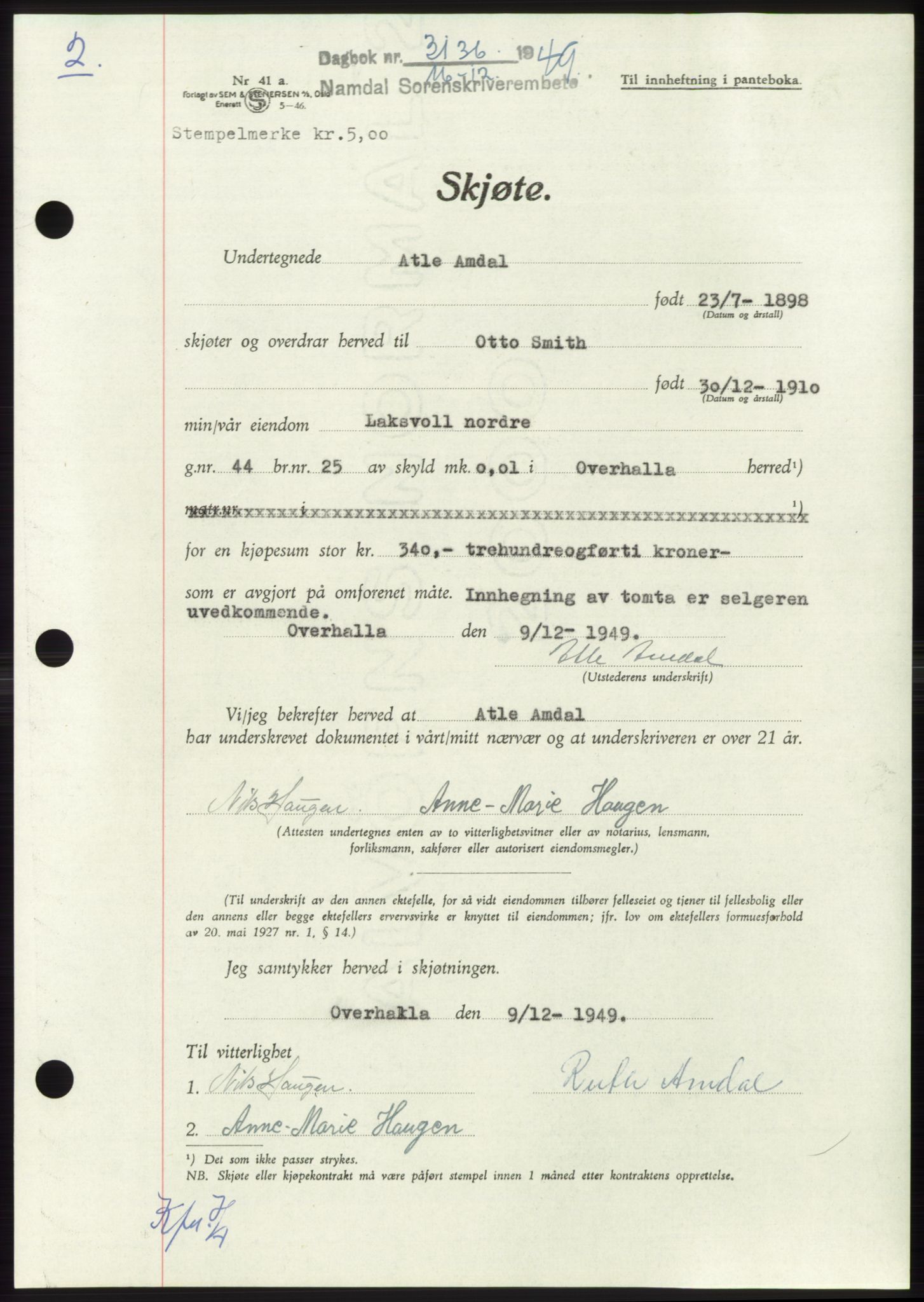 Namdal sorenskriveri, SAT/A-4133/1/2/2C: Pantebok nr. -, 1949-1949, Dagboknr: 3136/1949