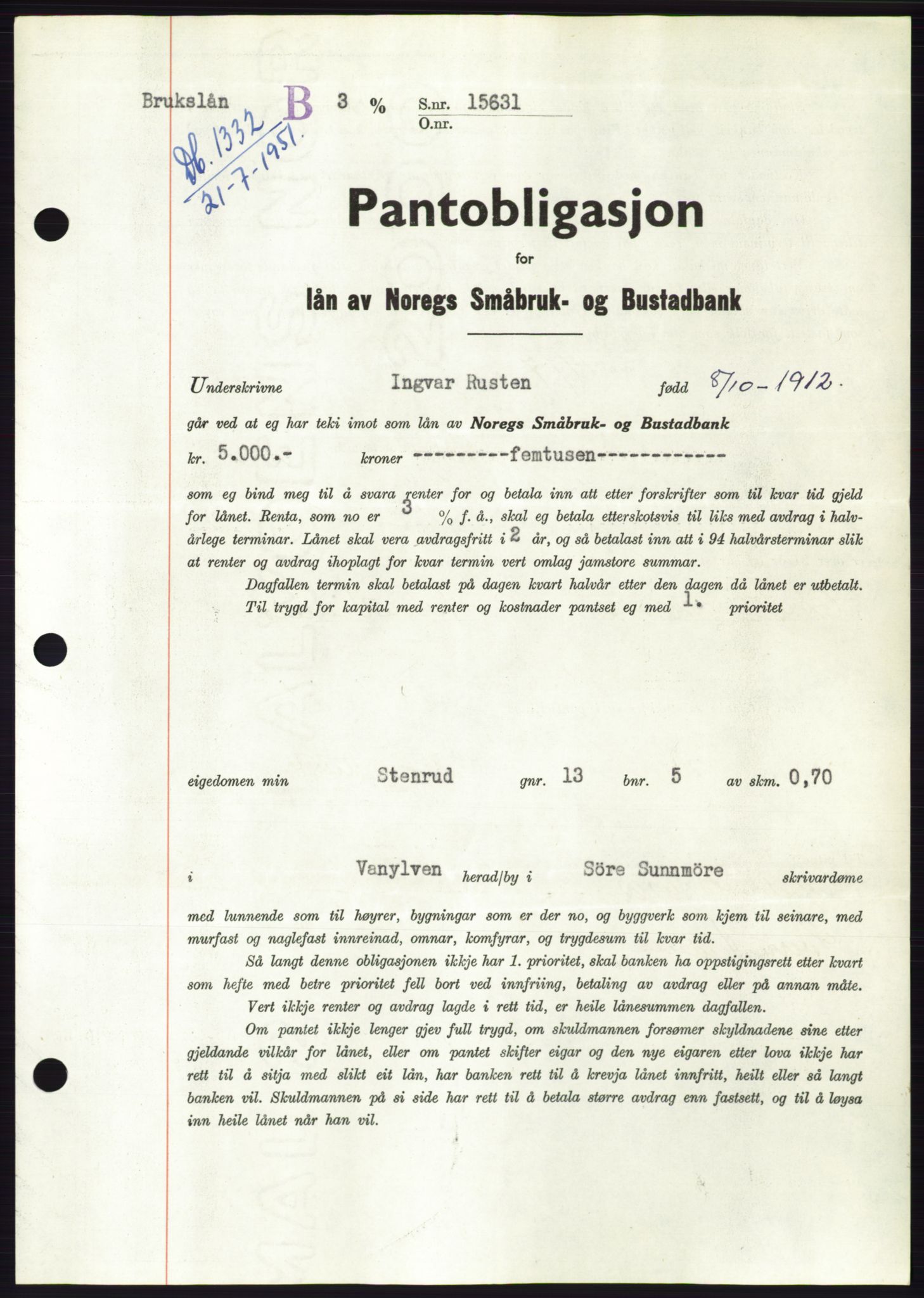 Søre Sunnmøre sorenskriveri, SAT/A-4122/1/2/2C/L0120: Pantebok nr. 8B, 1951-1951, Dagboknr: 1332/1951