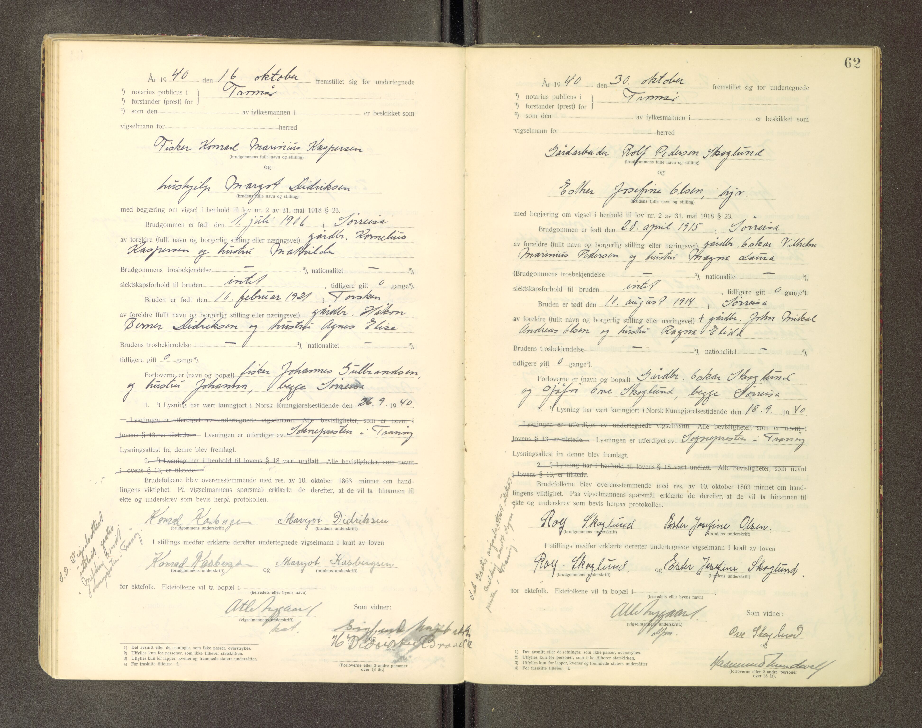 Tromsø byfogd/byrett, AV/SATØ-SATØ-0063/1/Ob/Obc/L0985: Vigselsbok, 1927-1942, s. 62