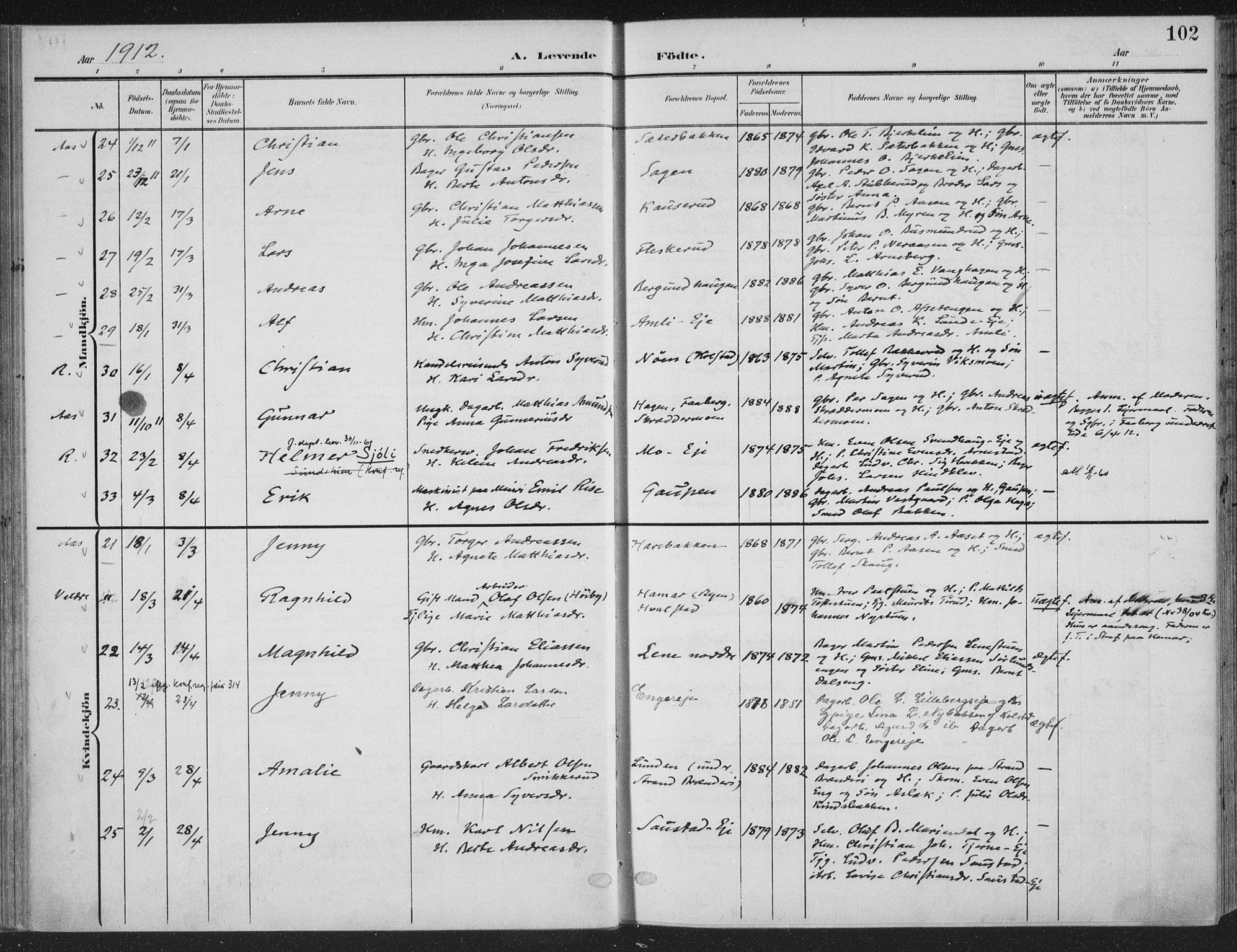 Ringsaker prestekontor, AV/SAH-PREST-014/K/Ka/L0018: Ministerialbok nr. 18, 1903-1912, s. 102