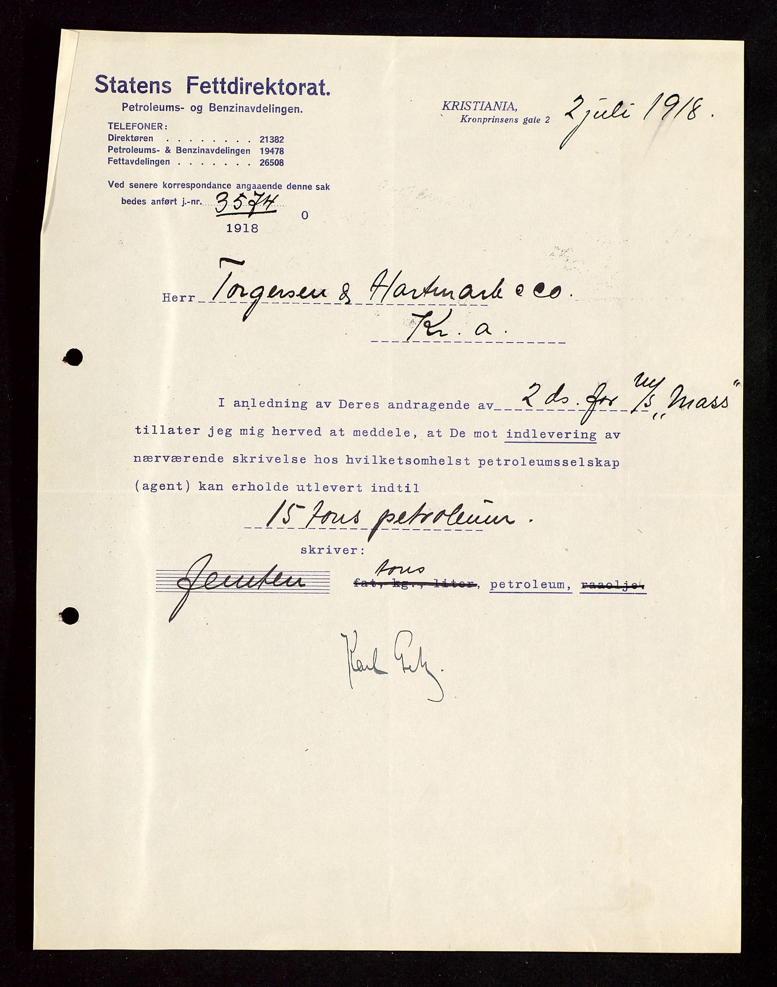 Pa 1521 - A/S Norske Shell, AV/SAST-A-101915/E/Ea/Eaa/L0003: Sjefskorrespondanse, 1918, s. 287