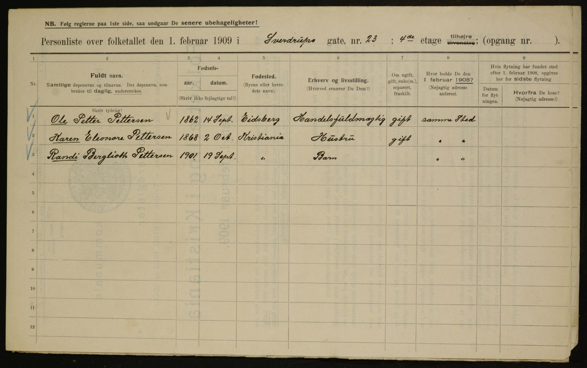 OBA, Kommunal folketelling 1.2.1909 for Kristiania kjøpstad, 1909, s. 95669