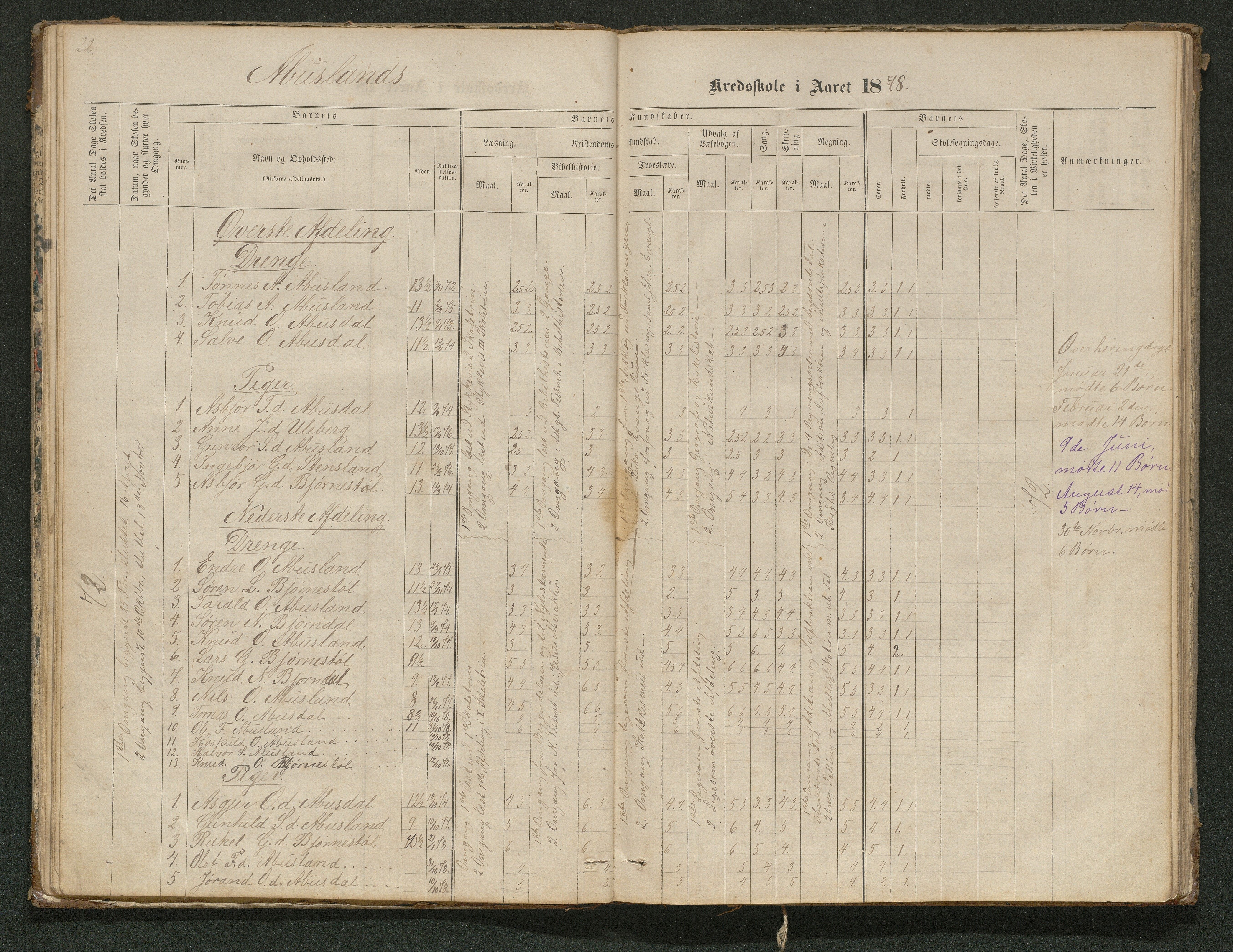 Hornnes kommune, Tønnesvold, Abusland skolekretser, AAKS/KA0936-550g/F1/L0001: Skoleprotokoll Abusland, Tønnesvold, 1864-1896, s. 22