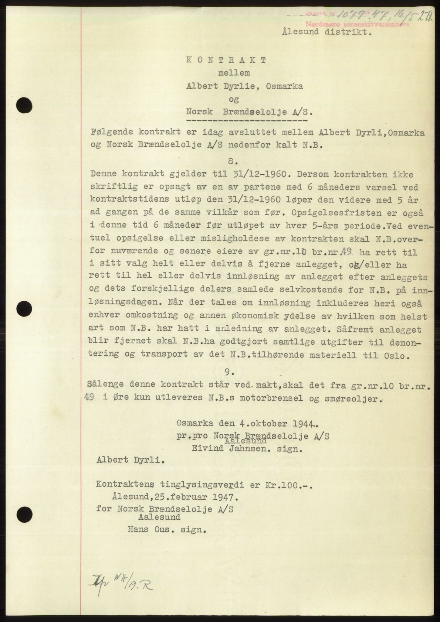 Nordmøre sorenskriveri, SAT/A-4132/1/2/2Ca: Pantebok nr. B96, 1947-1947, Dagboknr: 1079/1947