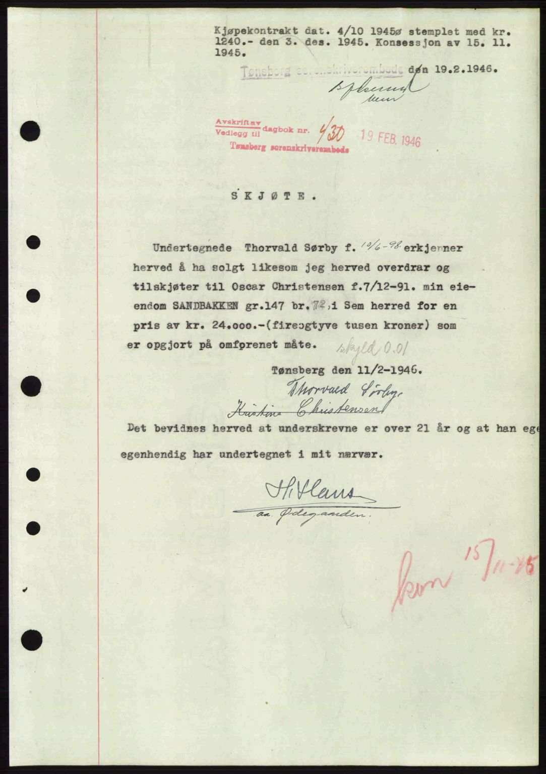 Jarlsberg sorenskriveri, SAKO/A-131/G/Ga/Gaa/L0018b: Pantebok nr. A-18b, 1946-1946, Dagboknr: 430/1946