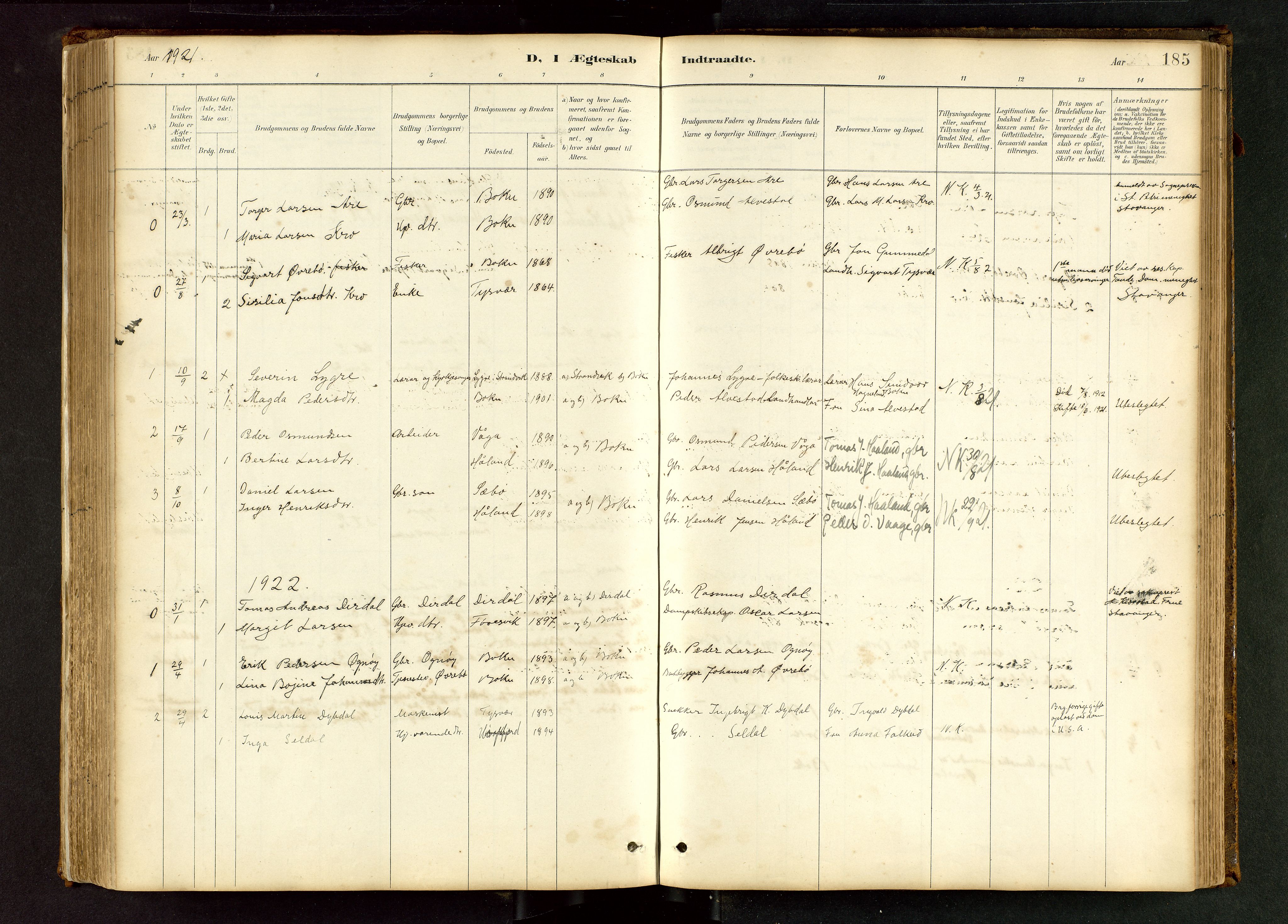 Tysvær sokneprestkontor, SAST/A -101864/H/Ha/Hab/L0005: Klokkerbok nr. B 5, 1887-1947, s. 185