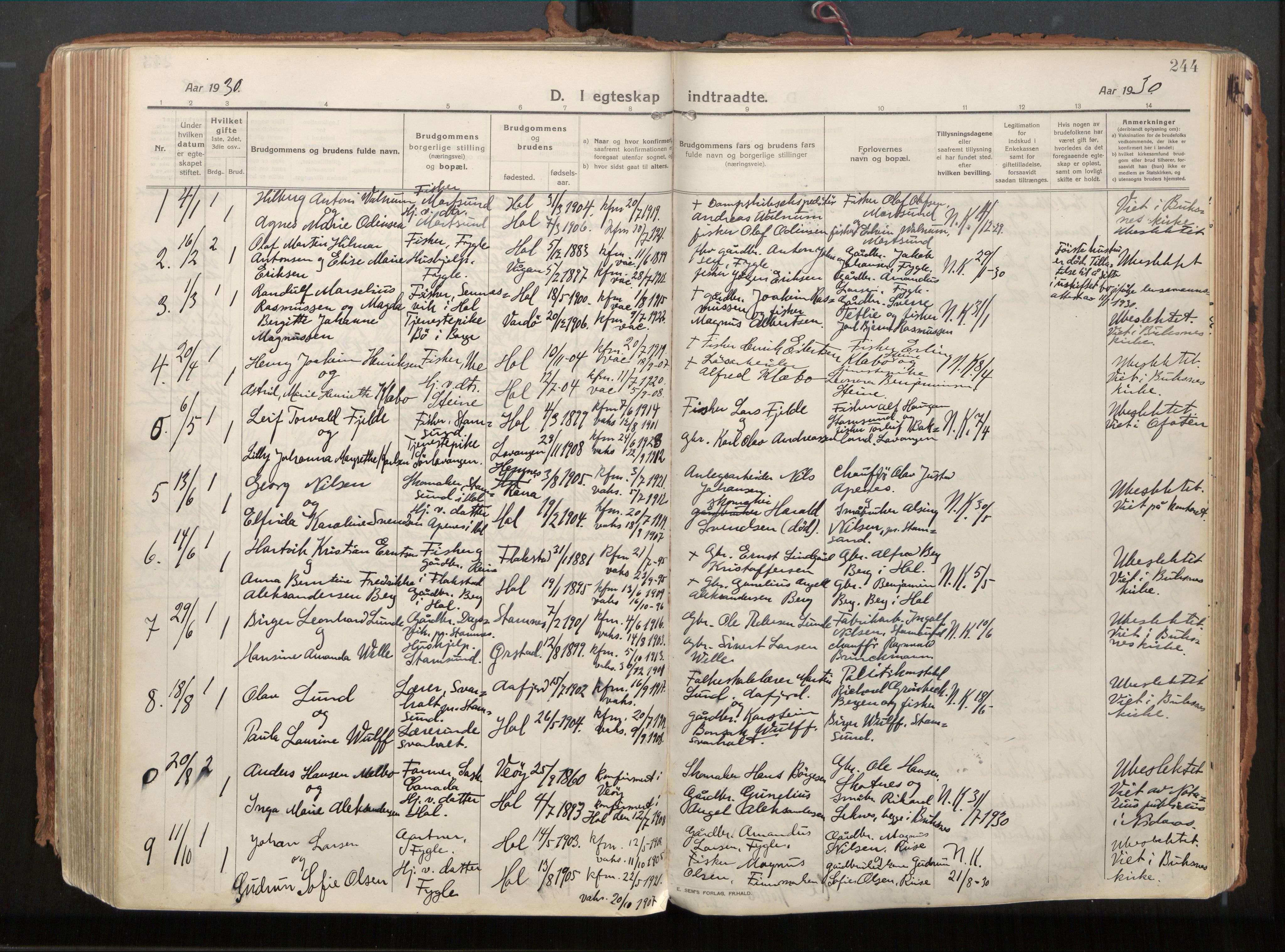Ministerialprotokoller, klokkerbøker og fødselsregistre - Nordland, AV/SAT-A-1459/882/L1181: Ministerialbok nr. 882A03, 1913-1937, s. 244