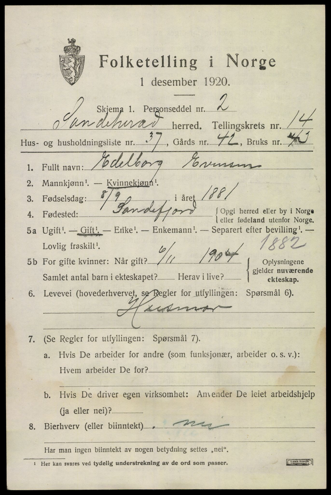 SAKO, Folketelling 1920 for 0724 Sandeherred herred, 1920, s. 20682