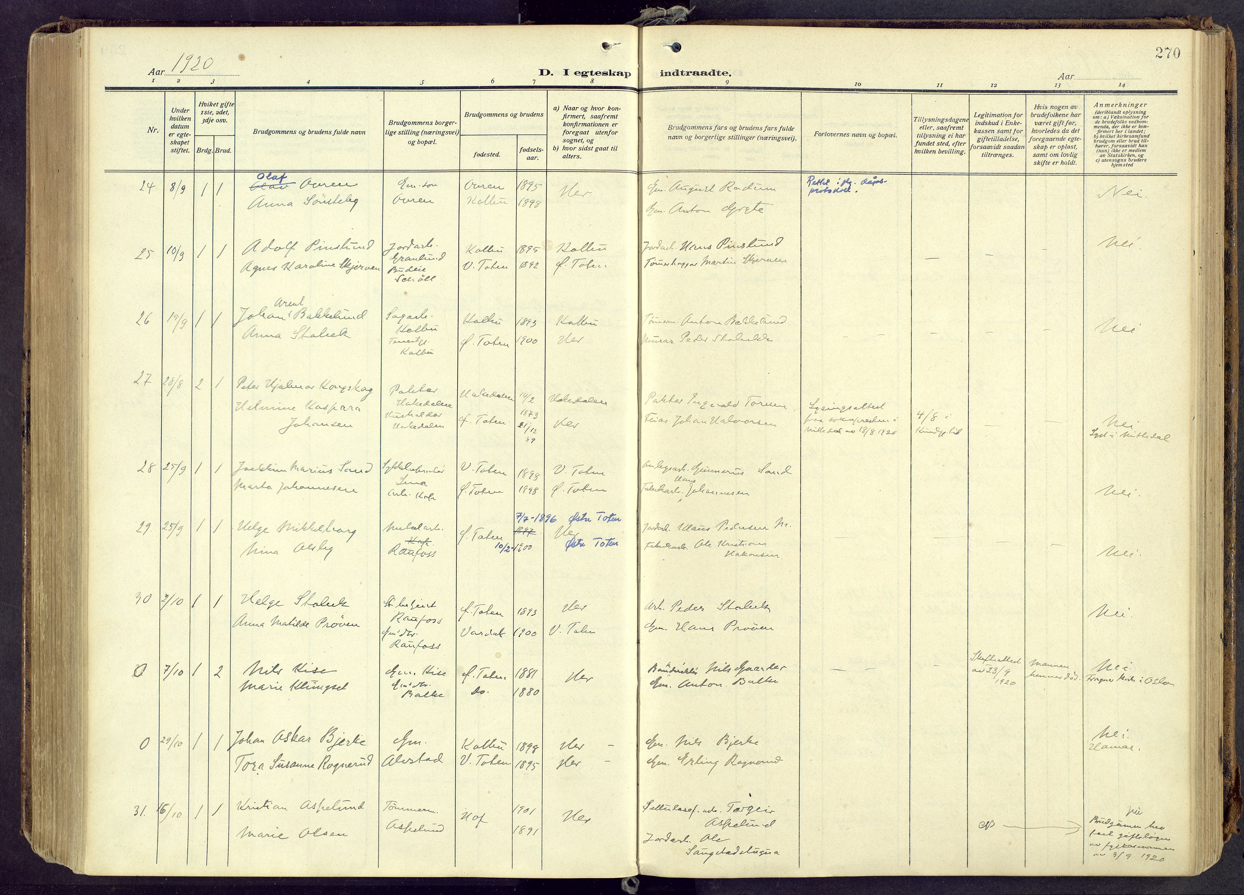 Østre Toten prestekontor, AV/SAH-PREST-104/H/Ha/Haa/L0010: Ministerialbok nr. 10, 1910-1920, s. 270