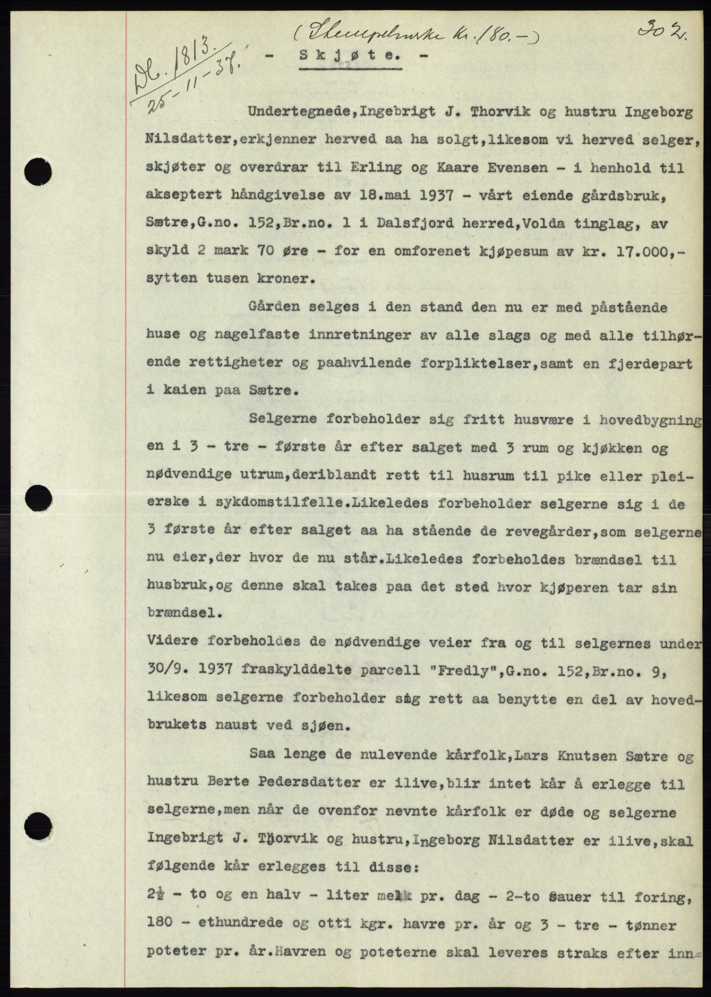 Søre Sunnmøre sorenskriveri, SAT/A-4122/1/2/2C/L0064: Pantebok nr. 58, 1937-1938, Dagboknr: 1813/1937