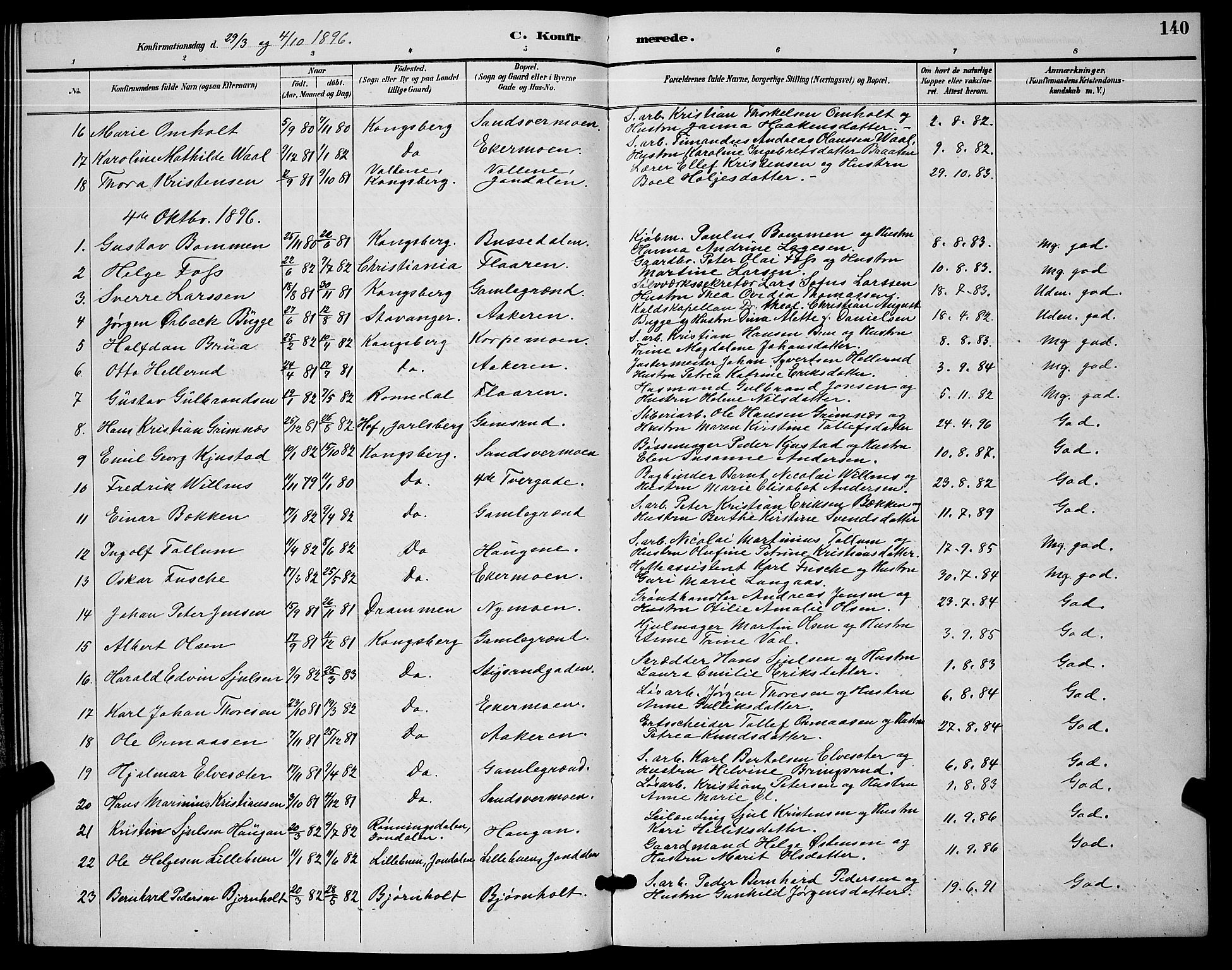 Kongsberg kirkebøker, AV/SAKO-A-22/G/Ga/L0006: Klokkerbok nr. 6, 1890-1901, s. 140