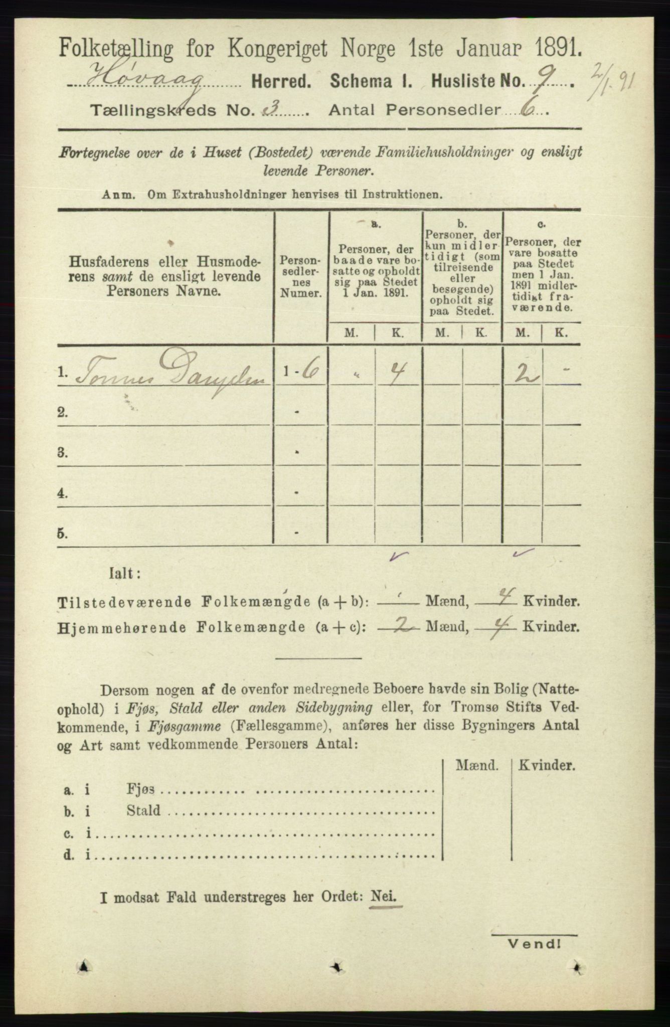 RA, Folketelling 1891 for 0927 Høvåg herred, 1891, s. 927