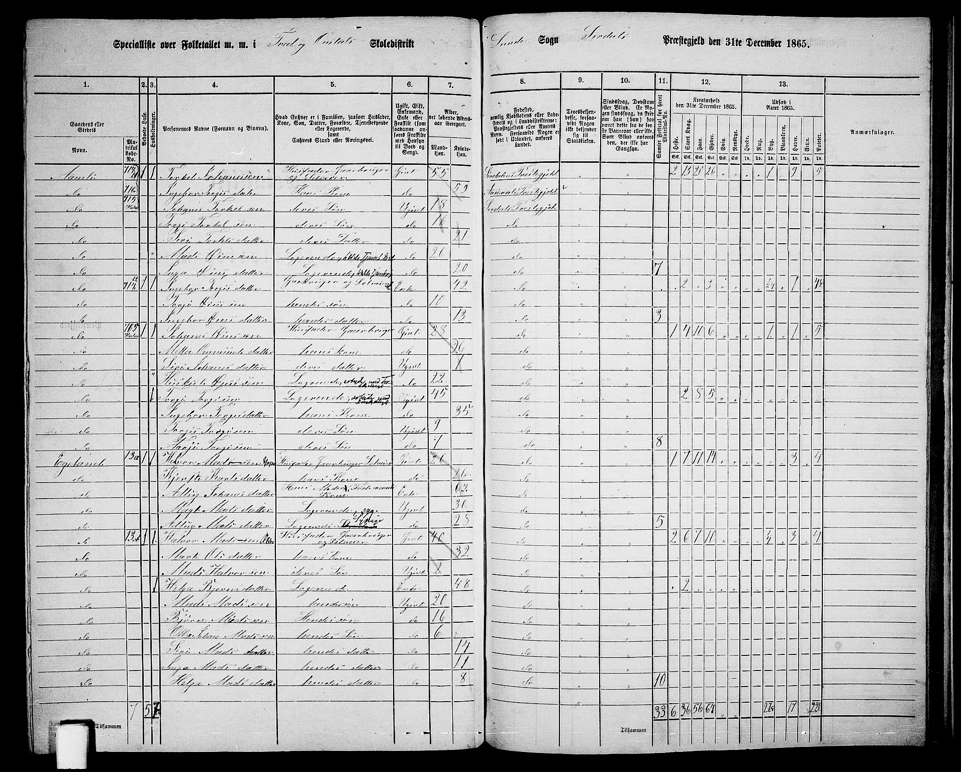 RA, Folketelling 1865 for 1046P Sirdal prestegjeld, 1865, s. 65