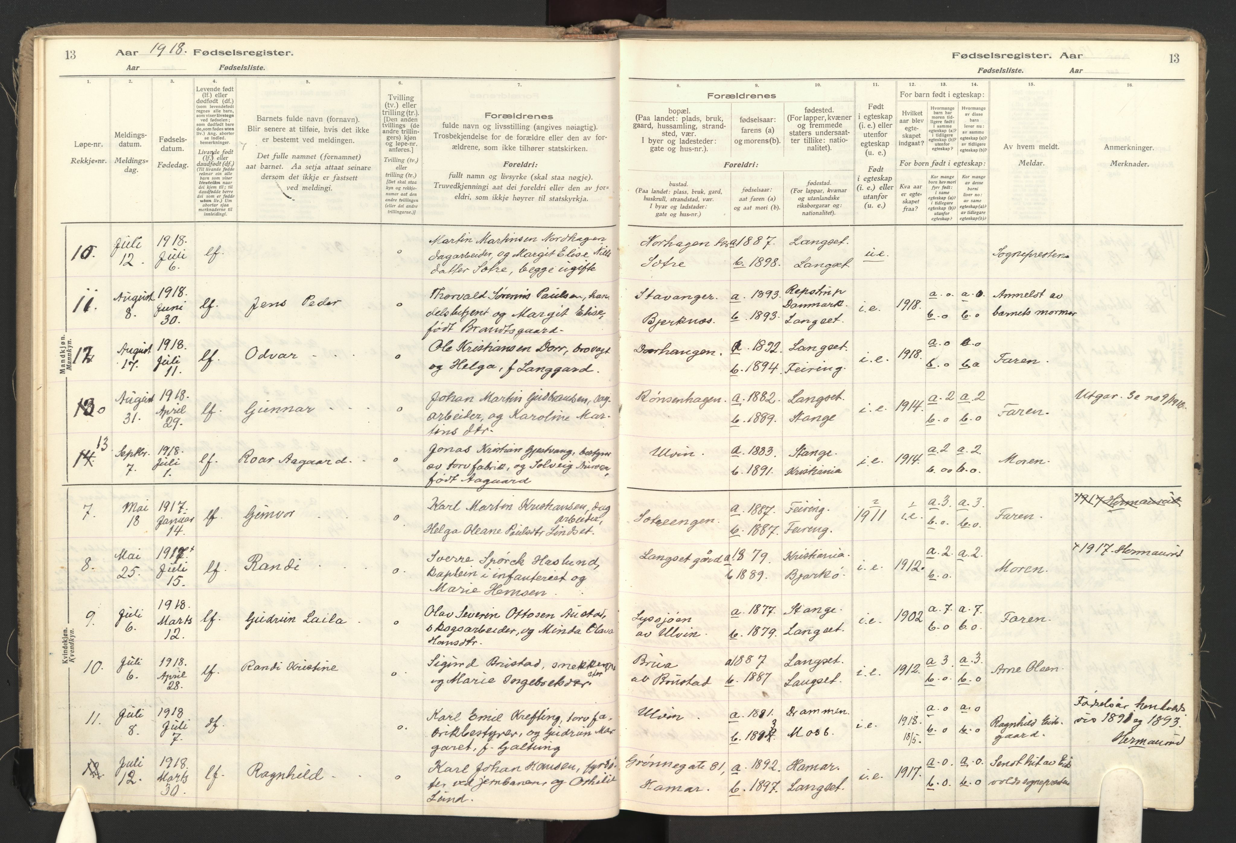 Eidsvoll prestekontor Kirkebøker, SAO/A-10888: Fødselsregister nr. II 1, 1916-1959, s. 13