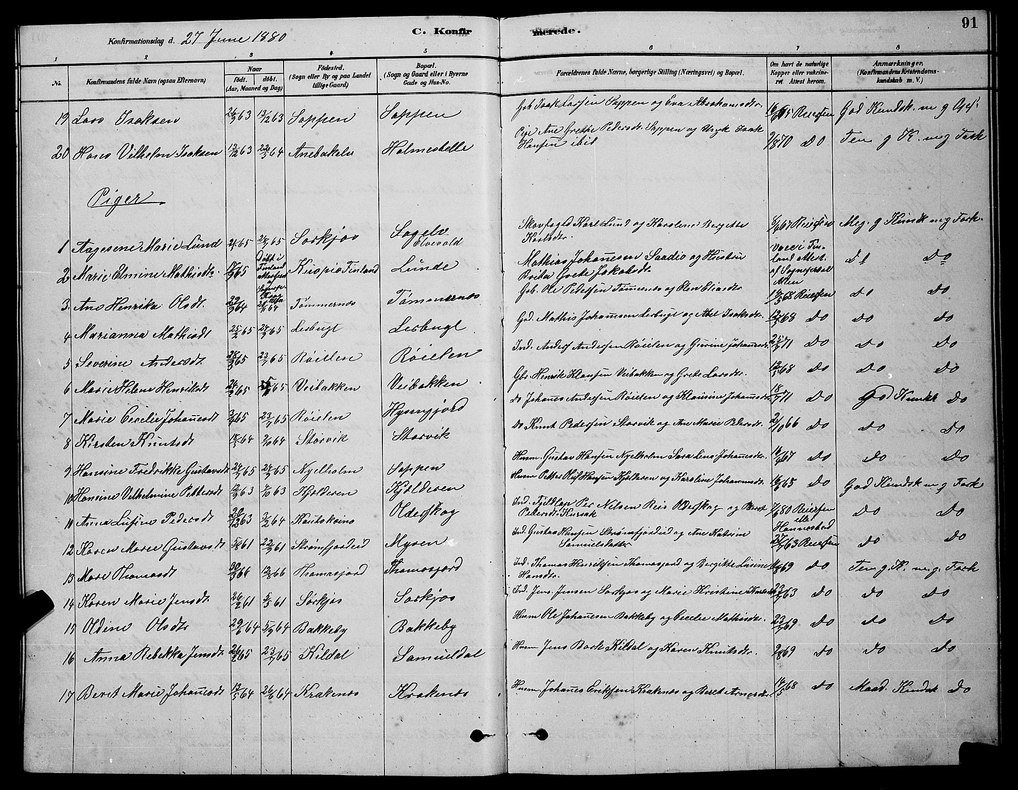 Skjervøy sokneprestkontor, AV/SATØ-S-1300/H/Ha/Hab/L0020klokker: Klokkerbok nr. 20, 1878-1892, s. 91