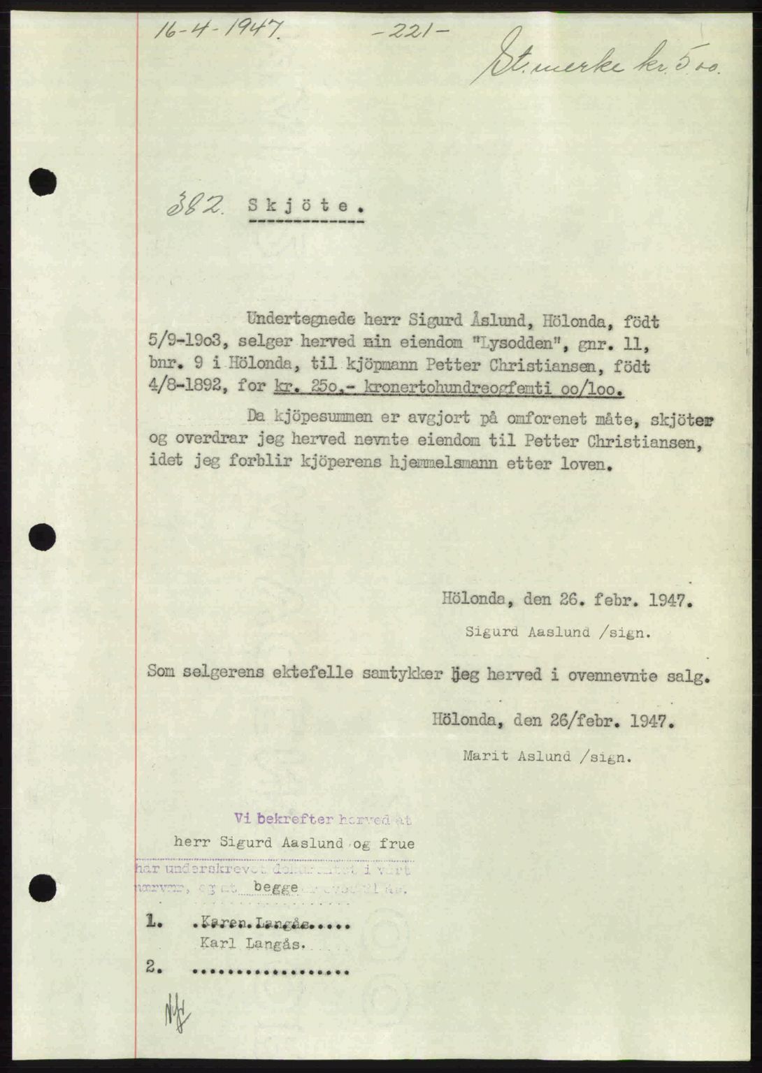 Gauldal sorenskriveri, SAT/A-0014/1/2/2C: Pantebok nr. A3, 1947-1947, Dagboknr: 382/1947
