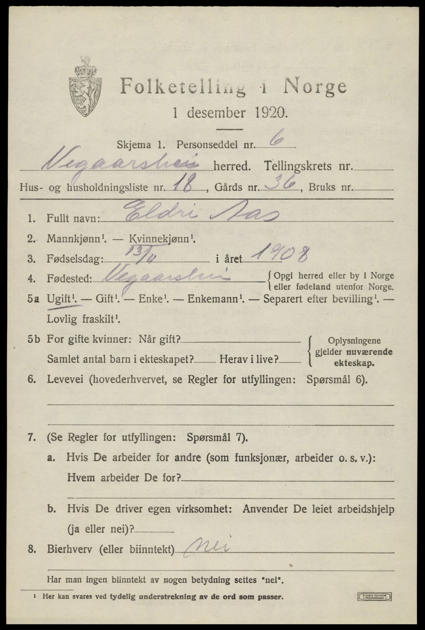 SAK, Folketelling 1920 for 0912 Vegårshei herred, 1920, s. 3662