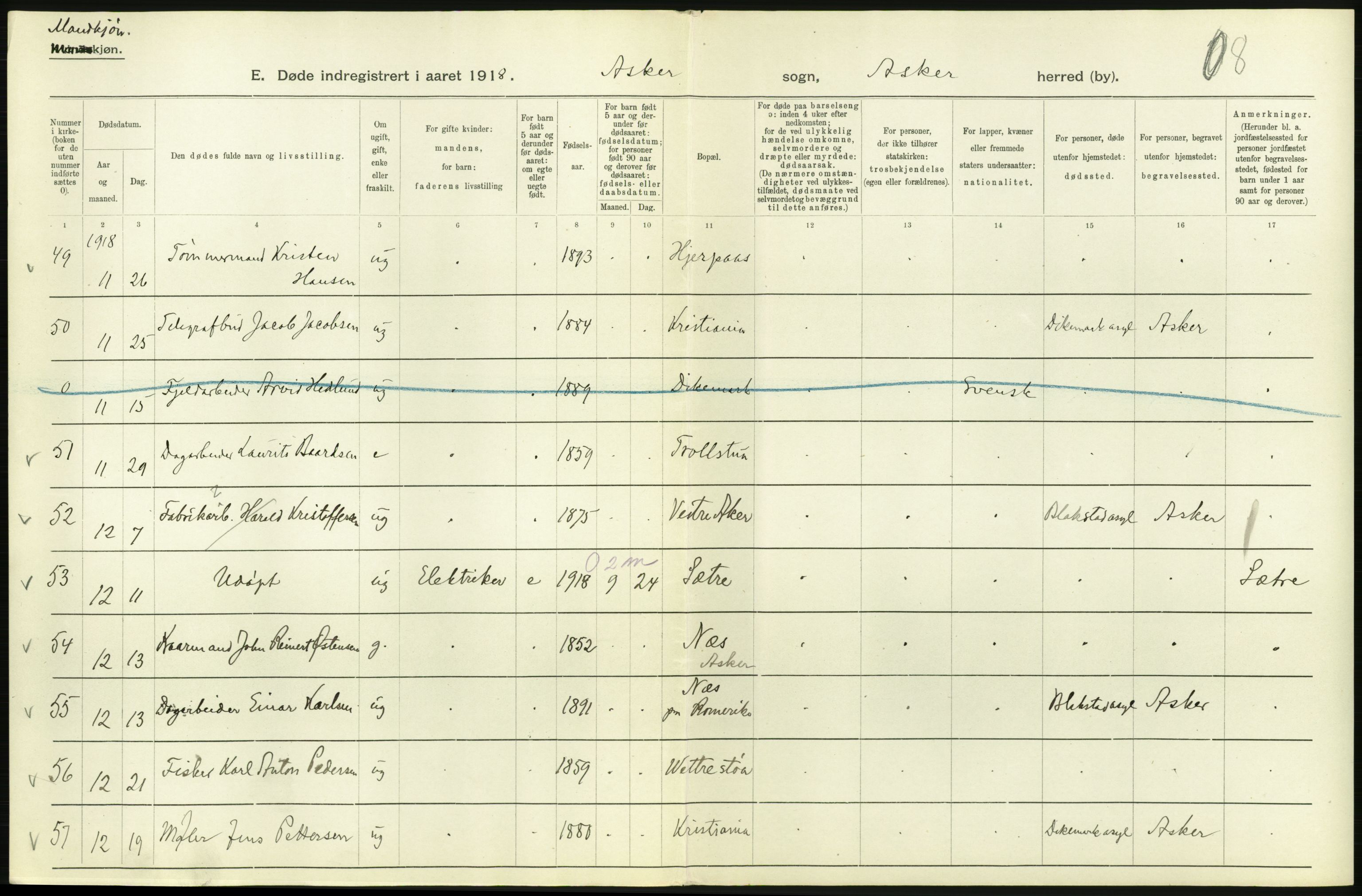 Statistisk sentralbyrå, Sosiodemografiske emner, Befolkning, AV/RA-S-2228/D/Df/Dfb/Dfbh/L0006: Akershus fylke: Døde. Bygder og byer., 1918, s. 174