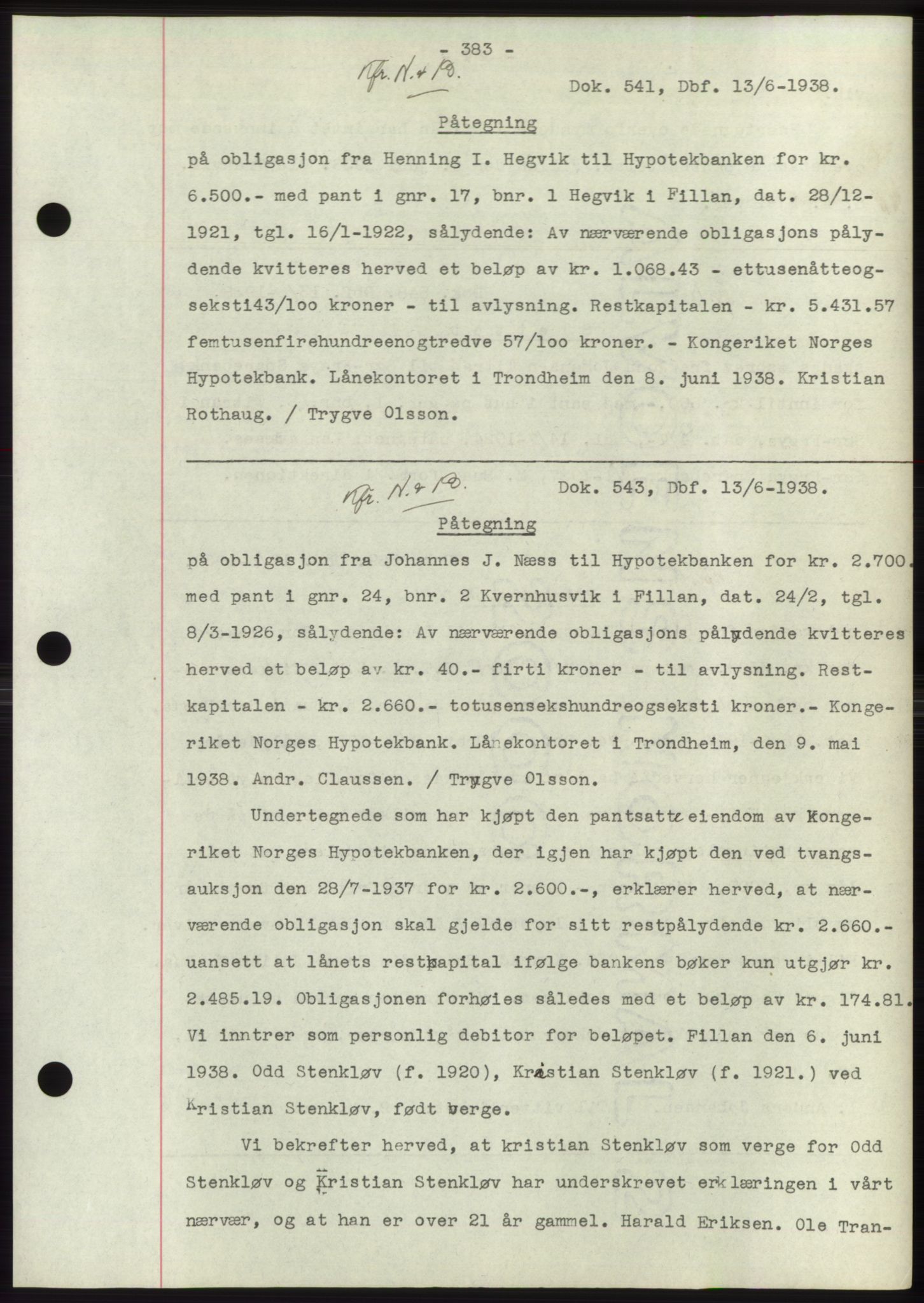 Hitra sorenskriveri, AV/SAT-A-0018/2/2C/2Ca: Pantebok nr. C1, 1936-1945, Dagboknr: 541/1938