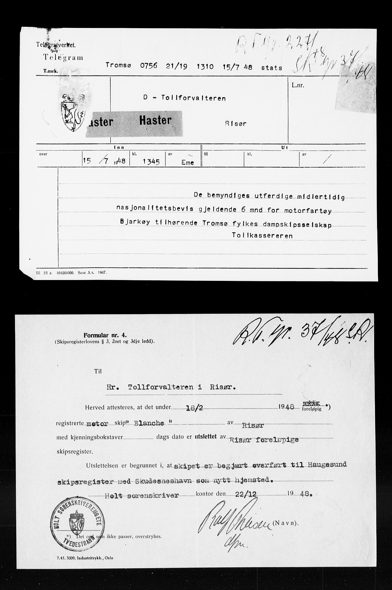 Risør tollsted, SAK/1351-0010/H/Ha/L0320: Skipsregisteret. Journalsaker, 1861-1957, s. 512