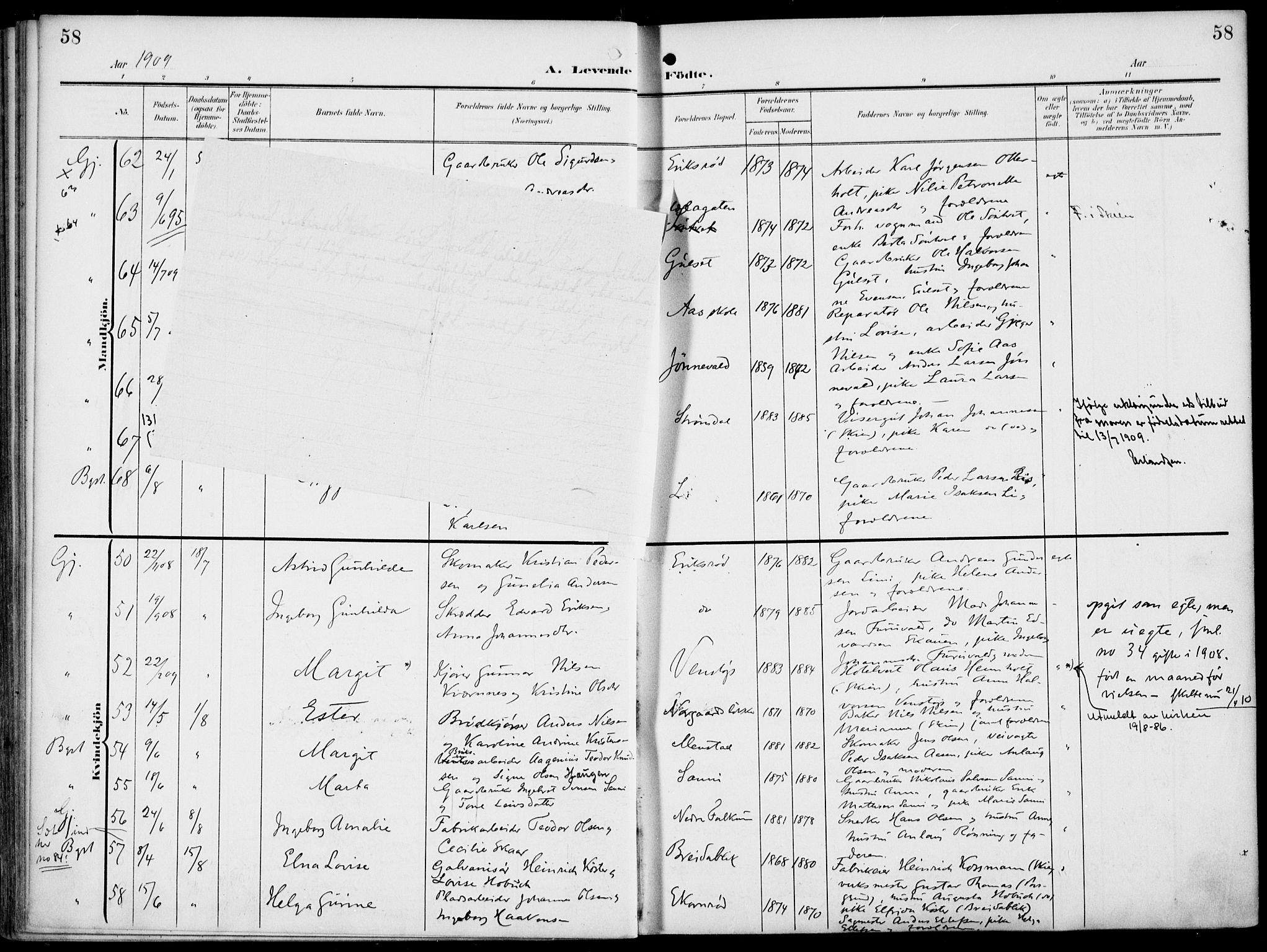 Gjerpen kirkebøker, AV/SAKO-A-265/F/Fa/L0012: Ministerialbok nr. I 12, 1905-1913, s. 58