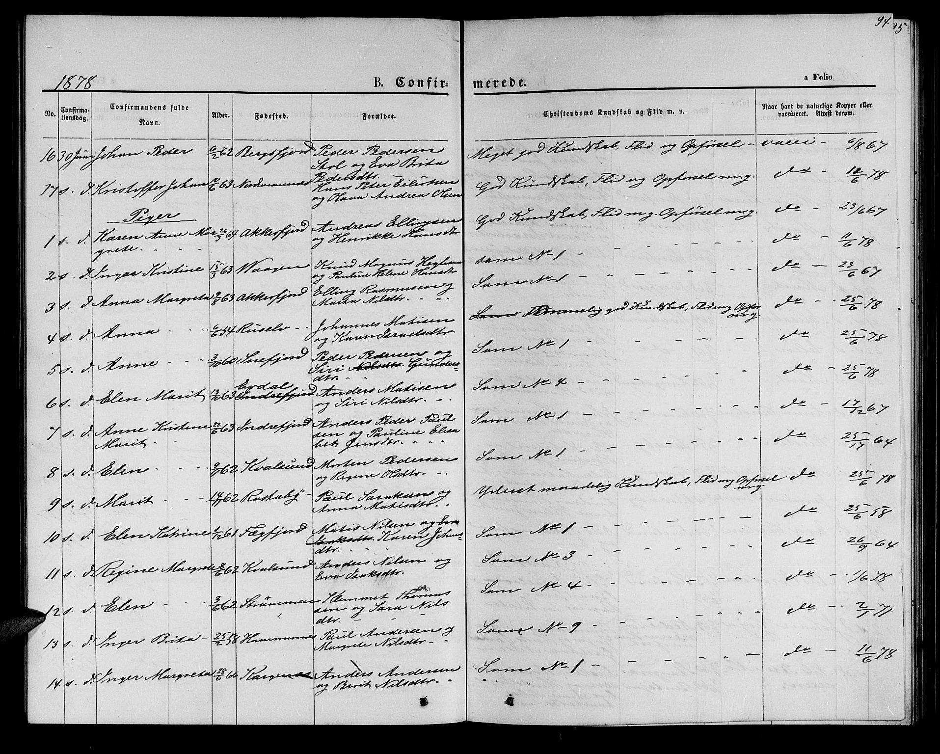 Hammerfest sokneprestkontor, SATØ/S-1347/H/Hb/L0005.klokk: Klokkerbok nr. 5, 1869-1884, s. 94