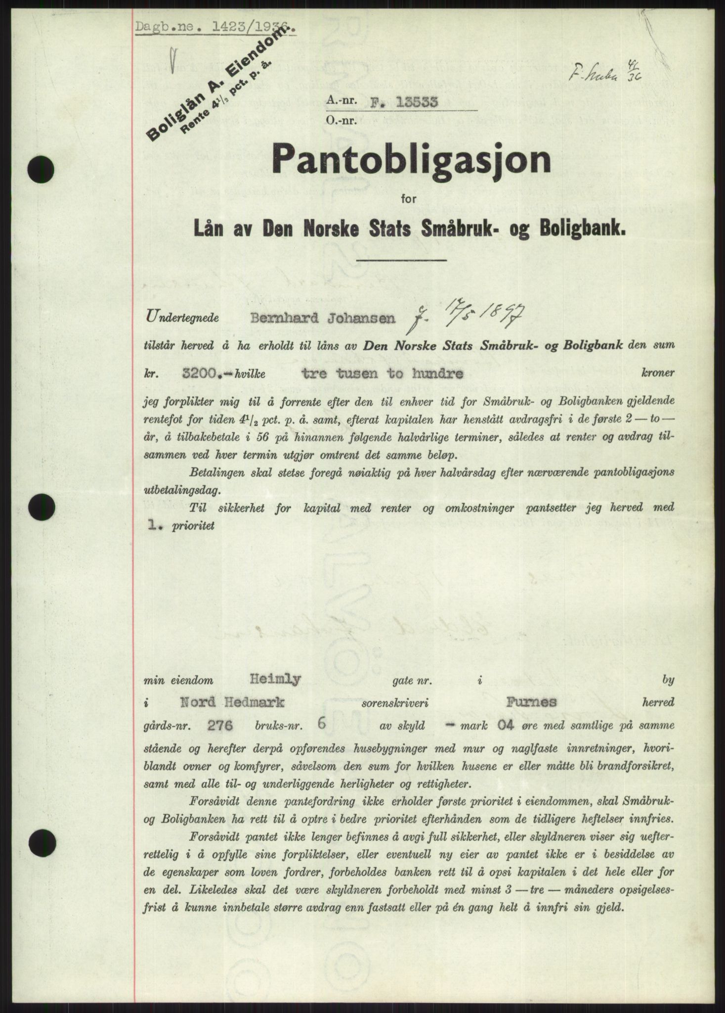 Nord-Hedmark sorenskriveri, SAH/TING-012/H/Hb/Hbf/L0001: Pantebok nr. B1, 1936-1936, Dagboknr: 1423/1936