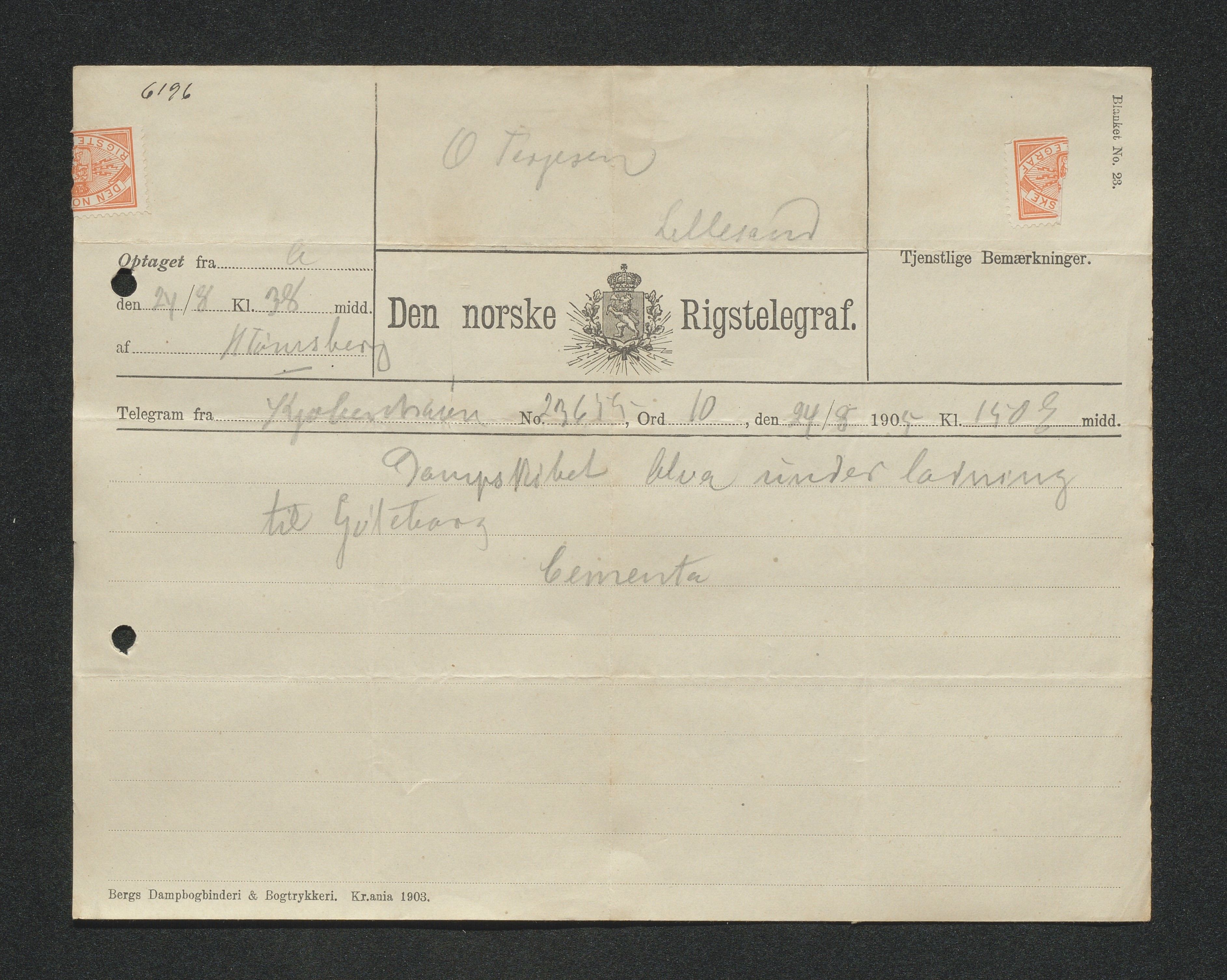 O. Terjesens rederi, AAKS/PA-2525/E/E01/L0013: Korrespondanse, 1904-1905