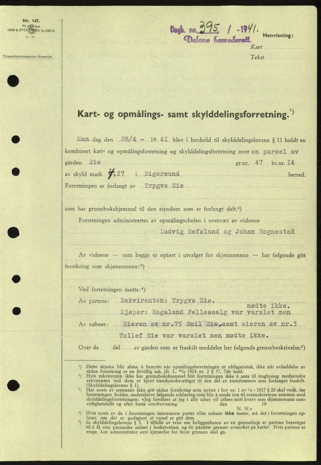 Dalane sorenskriveri, SAST/A-100309/02/G/Gb/L0044: Pantebok nr. A5, 1940-1941, Dagboknr: 395/1941