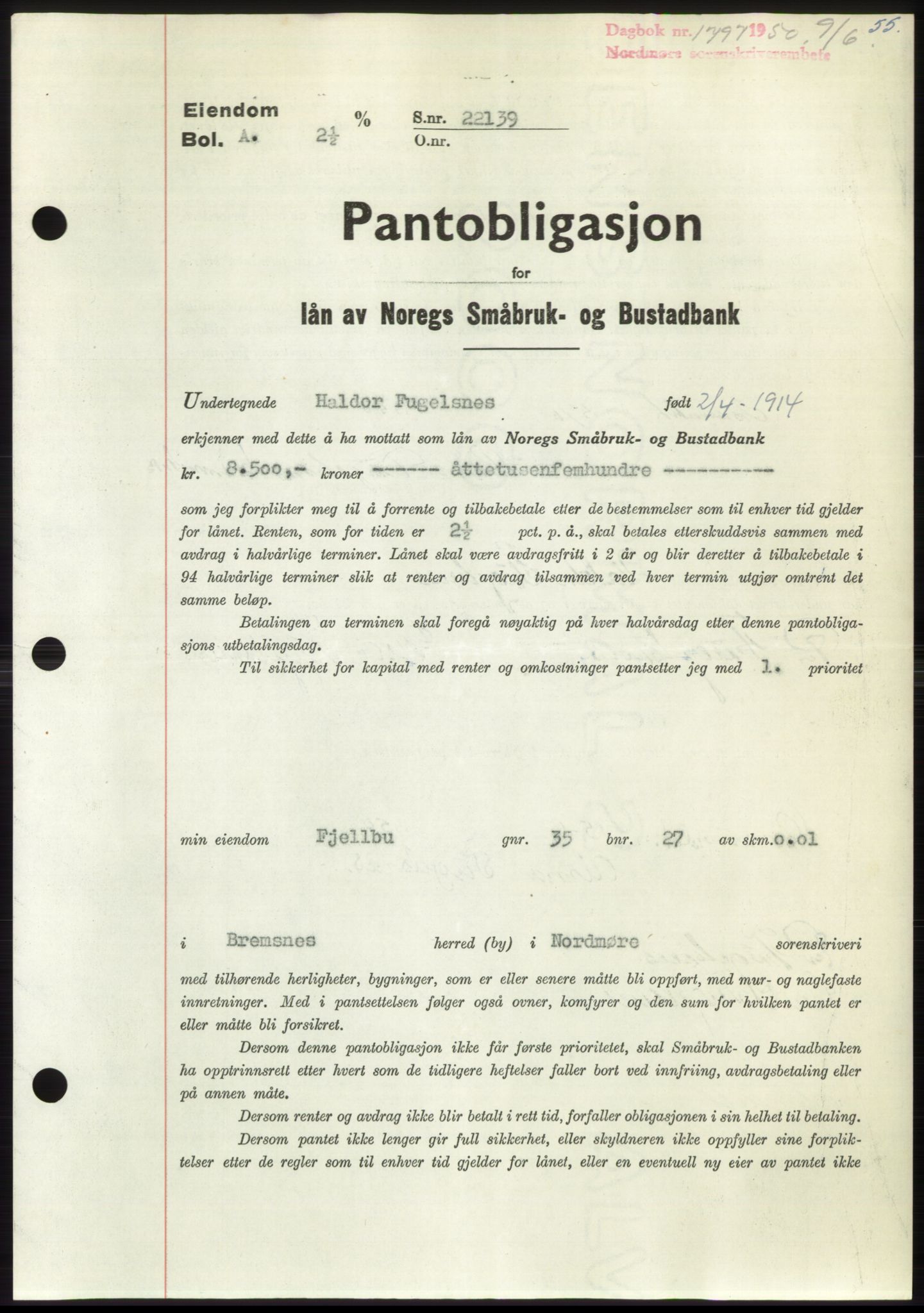 Nordmøre sorenskriveri, AV/SAT-A-4132/1/2/2Ca: Pantebok nr. B105, 1950-1950, Dagboknr: 1797/1950