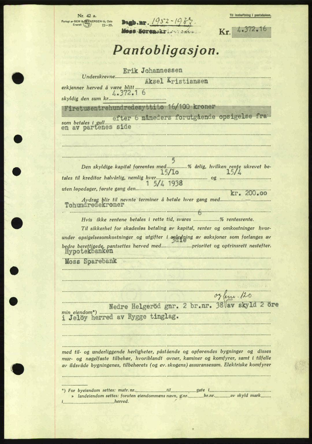 Moss sorenskriveri, SAO/A-10168: Pantebok nr. B4, 1937-1938, Dagboknr: 1952/1937