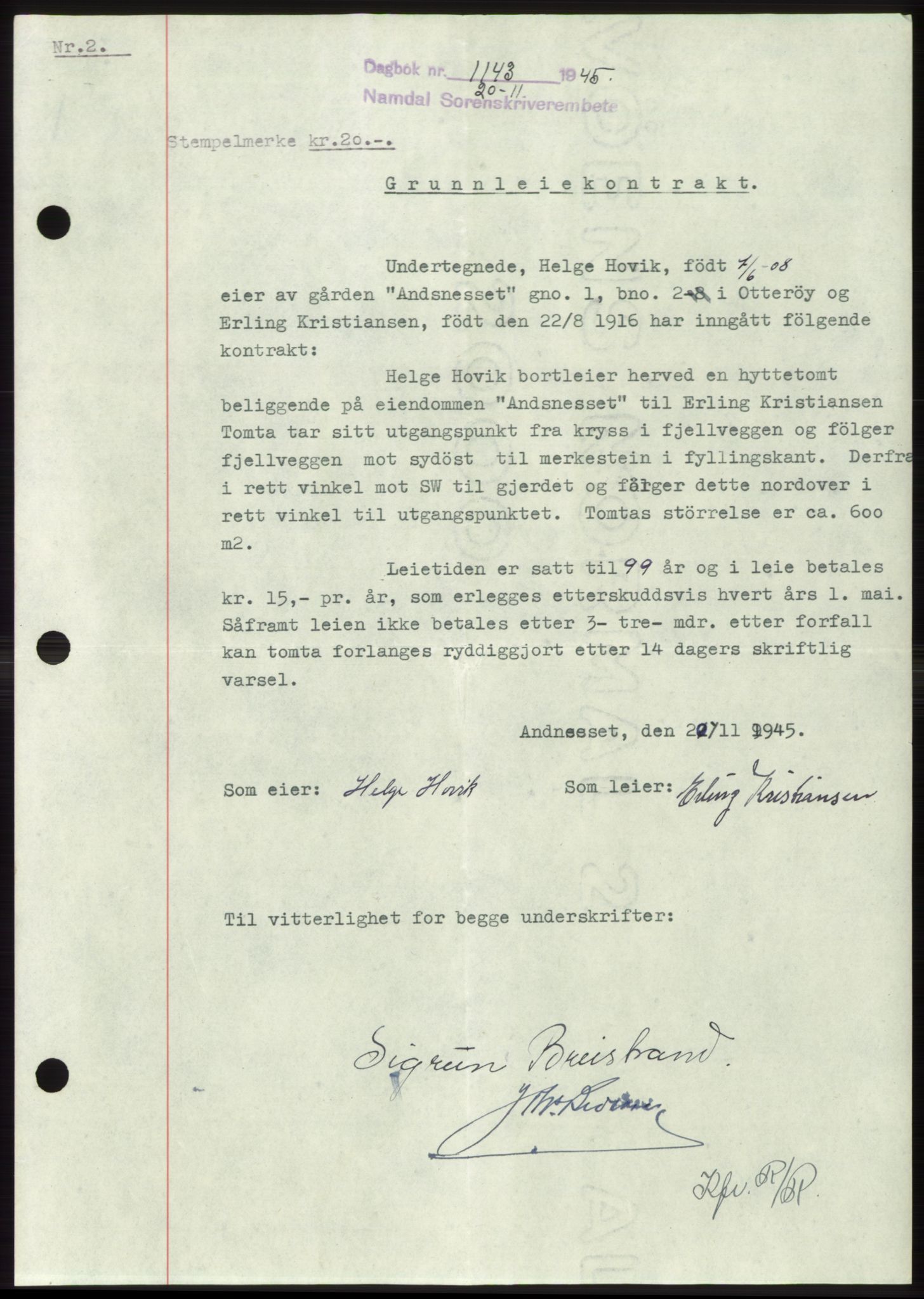 Namdal sorenskriveri, SAT/A-4133/1/2/2C: Pantebok nr. -, 1944-1945, Dagboknr: 1143/1945