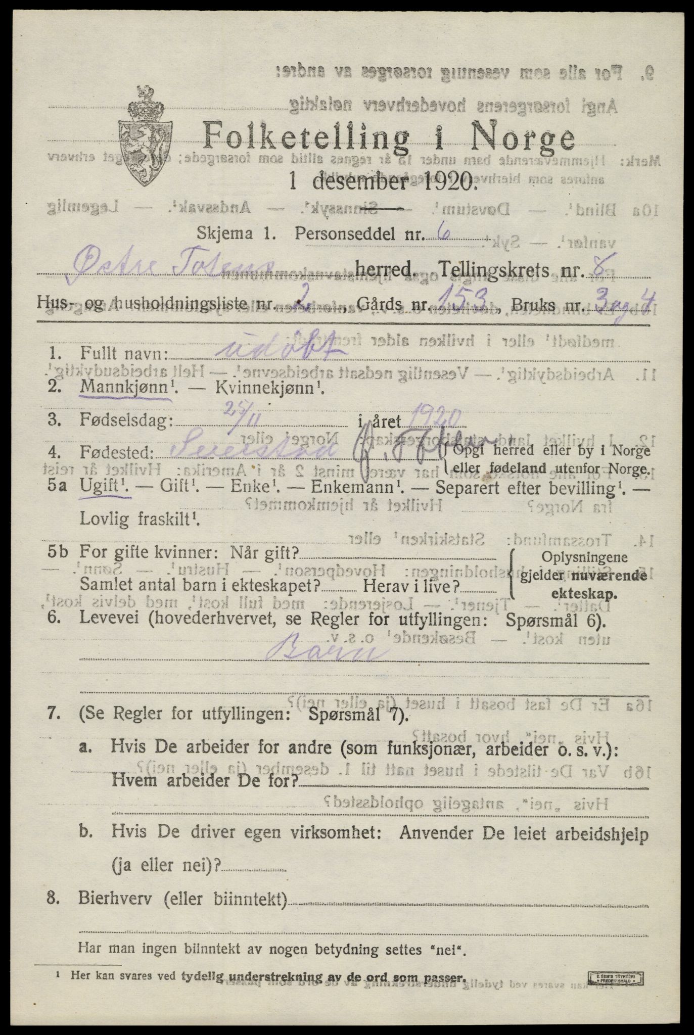 SAH, Folketelling 1920 for 0528 Østre Toten herred, 1920, s. 15876