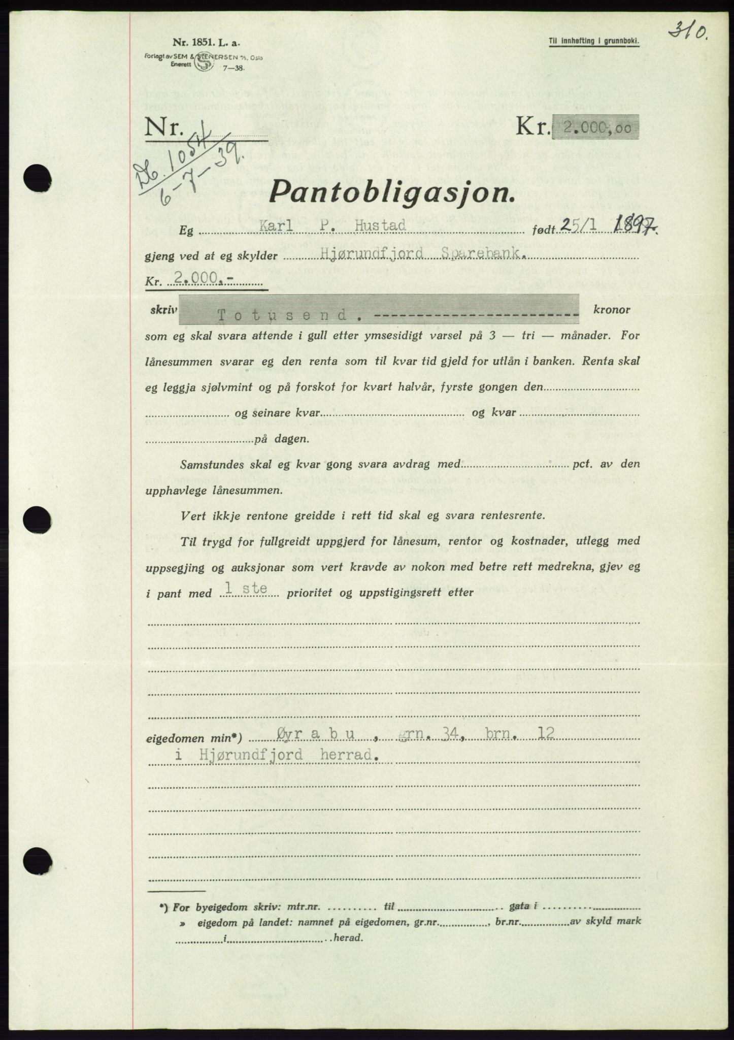 Søre Sunnmøre sorenskriveri, AV/SAT-A-4122/1/2/2C/L0068: Pantebok nr. 62, 1939-1939, Dagboknr: 1054/1939