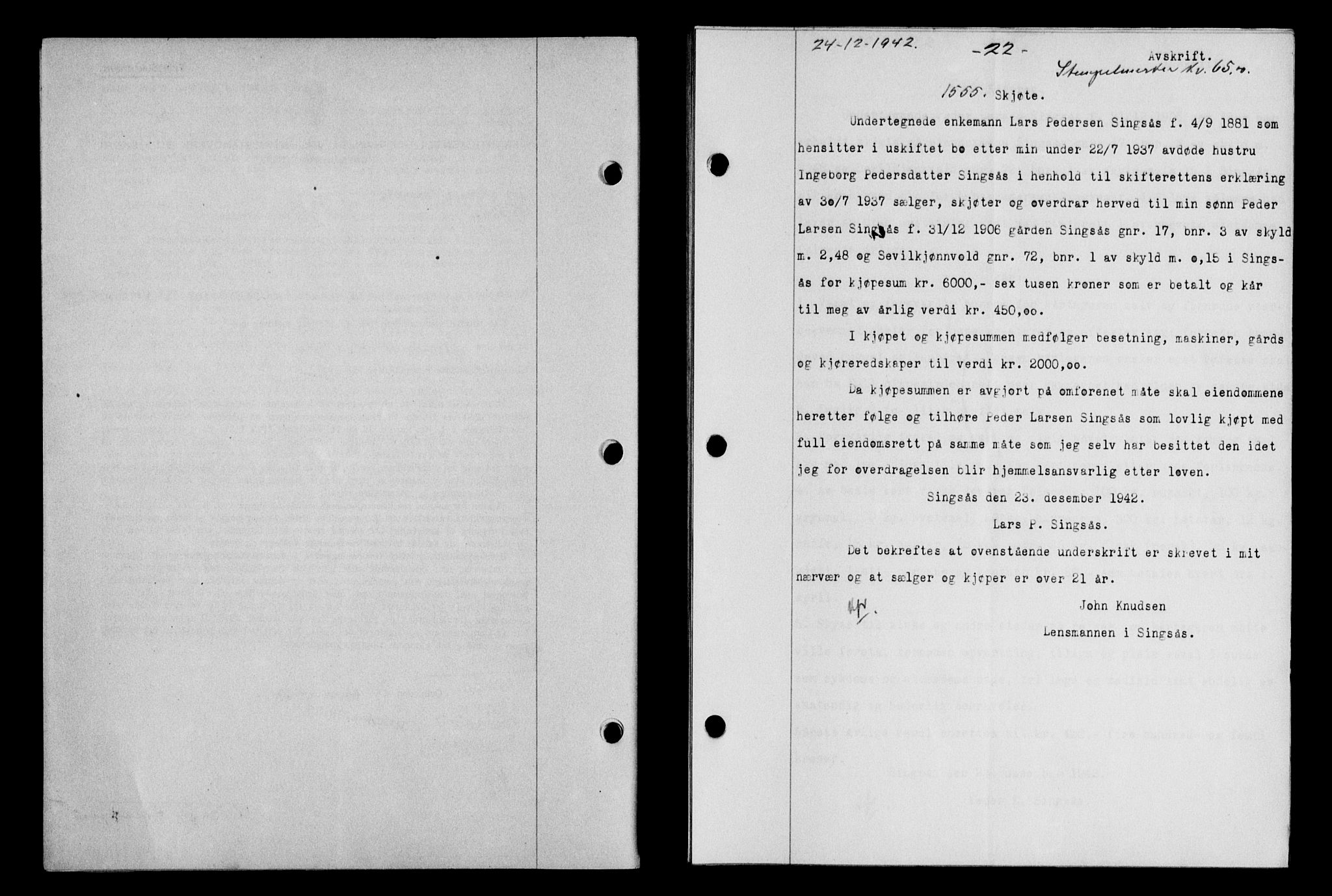 Gauldal sorenskriveri, SAT/A-0014/1/2/2C/L0056: Pantebok nr. 61, 1942-1943, Dagboknr: 1555/1942